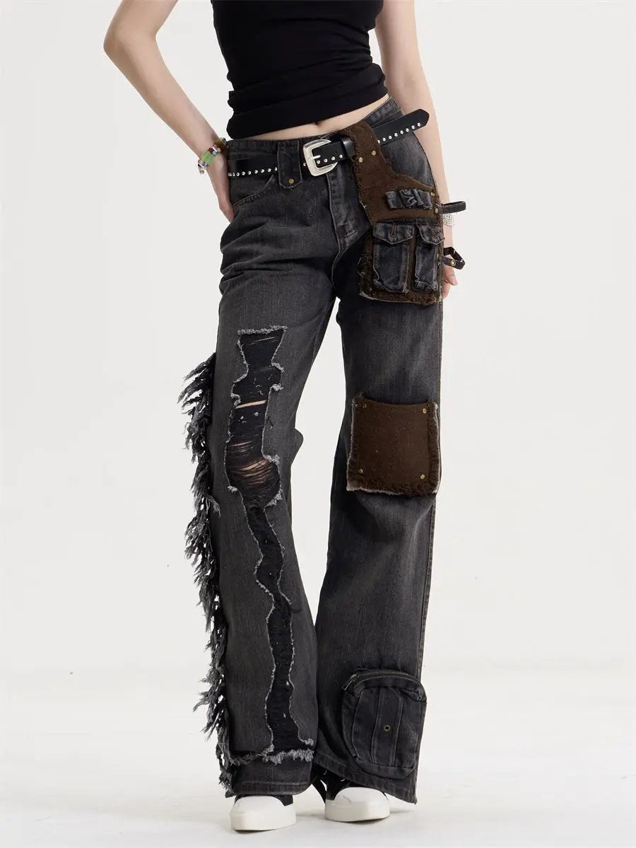 Women's American-style retro tassel patch jeans FLIPSTYLEZLLC, distressed dark denim with brown suede patches and fringe on Tampa Home & Garden Store