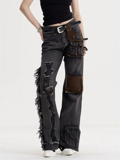 Women's American-style retro tassel patch jeans FLIPSTYLEZLLC, distressed dark denim with brown suede patches and fringe on Tampa Home & Garden Store