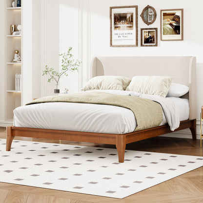 King Size Platform Bed with upholstered high headboard, brown wood frame HouseOfZazla on Tampa Home & Garden Store