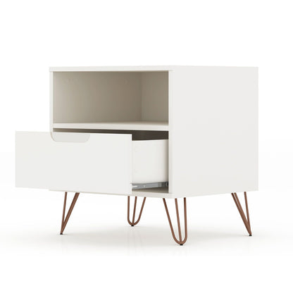 White Rockefeller accent nightstand by HouseOfZazla with open shelf and 1 drawer, hairpin legs on Tampa Home & Garden Store