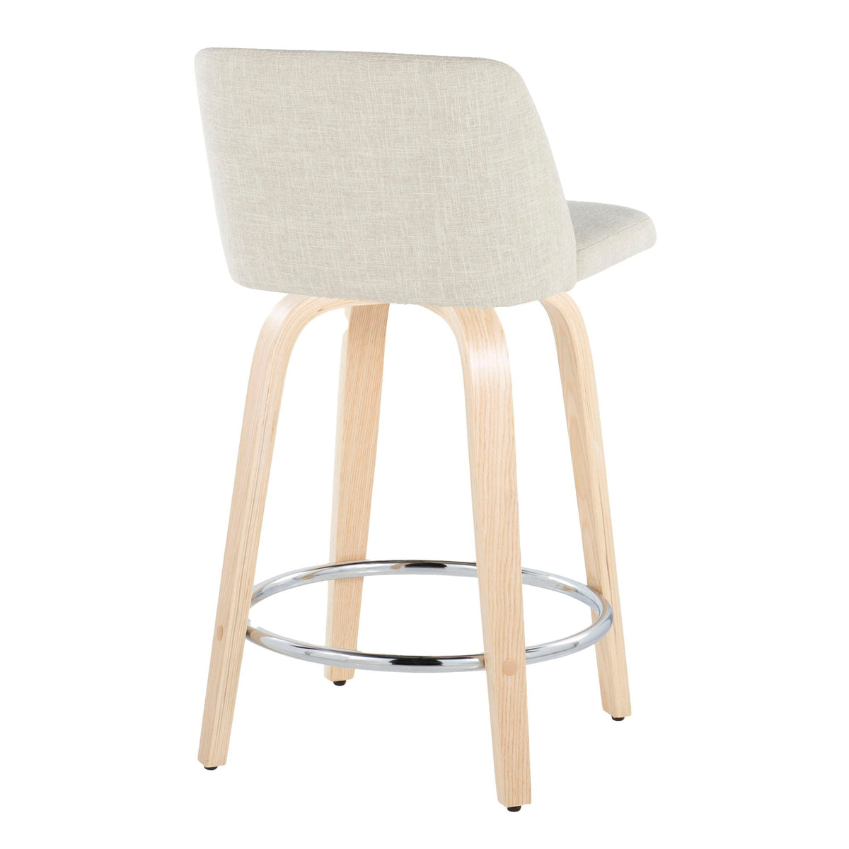 Counter stool set with swivel; beige fabric upholstery, natural wood legs, chrome foot ring on Tampa Home & Garden Store