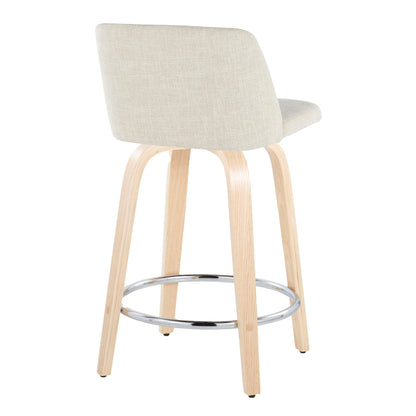 Counter stool set with swivel; beige fabric upholstery, natural wood legs, chrome foot ring on Tampa Home & Garden Store