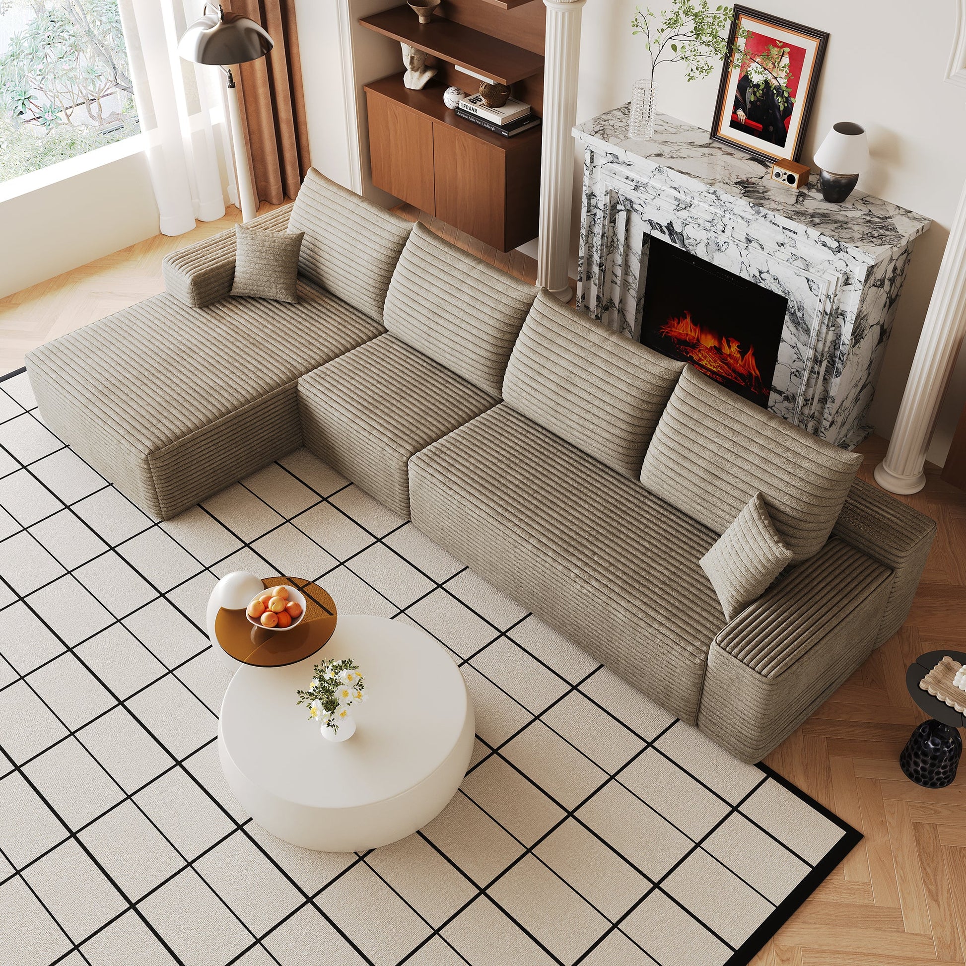 135in Cloud Sectional Couch with L-shaped Chaise in beige ribbed upholstery by HouseOfZazla on Tampa Home & Garden Store