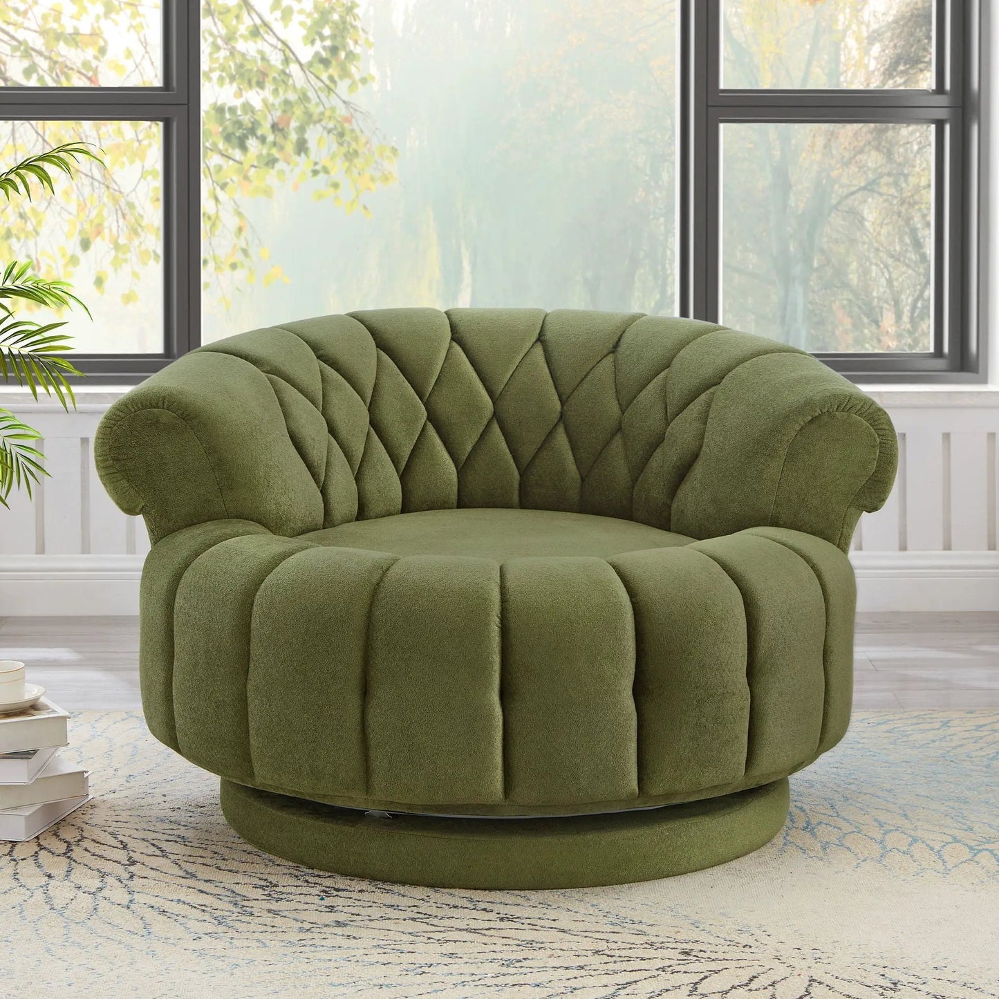 Round green tufted swivel accent chair with plush fabric and rotation in a bright windowed room on Tampa Home & Garden Store
