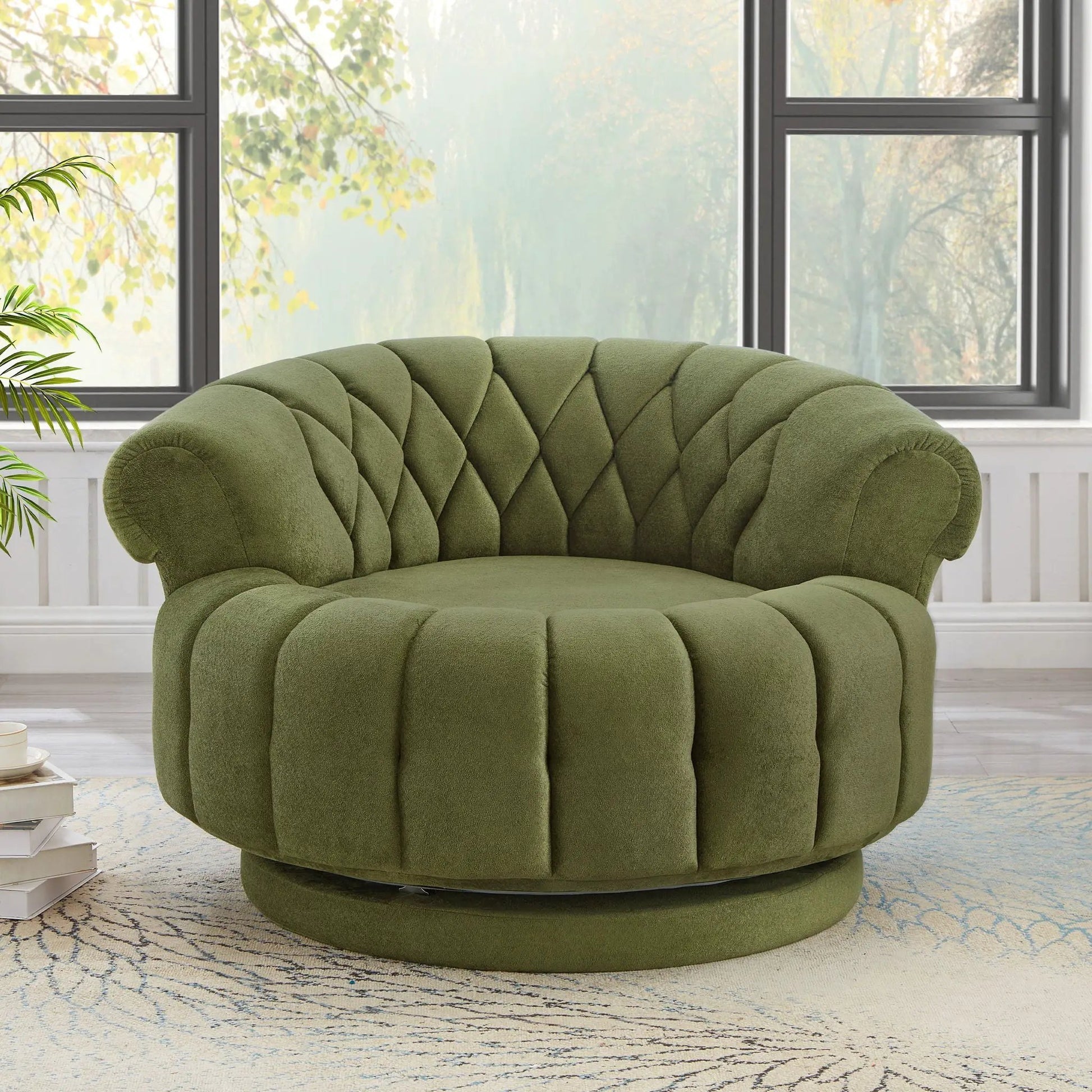 Round green tufted swivel accent chair with plush fabric and rotation in a bright windowed room on Tampa Home & Garden Store