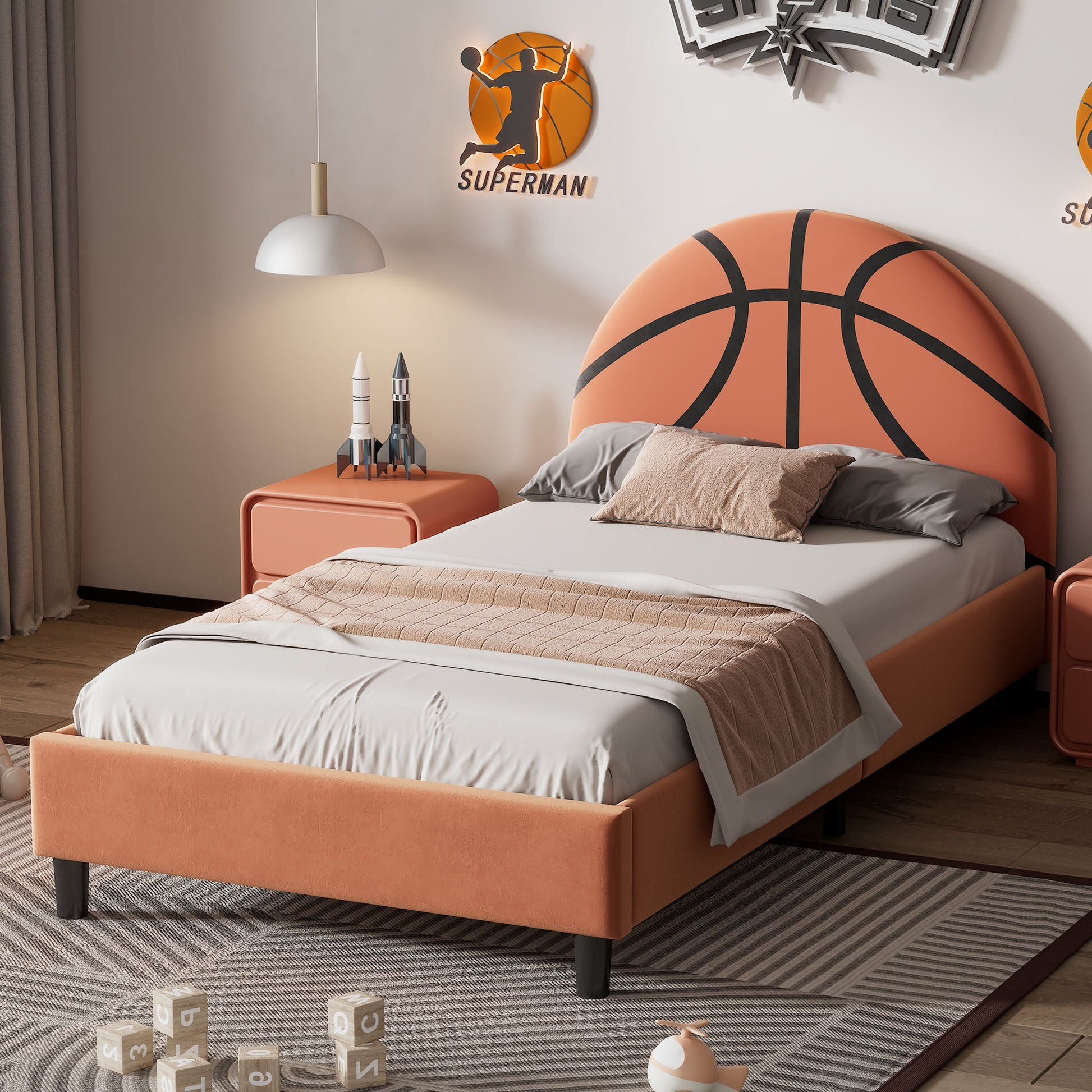 Basketball design upholstered twin platform beds (two), orange with black accents, HouseOfZazla on Tampa Home & Garden Store