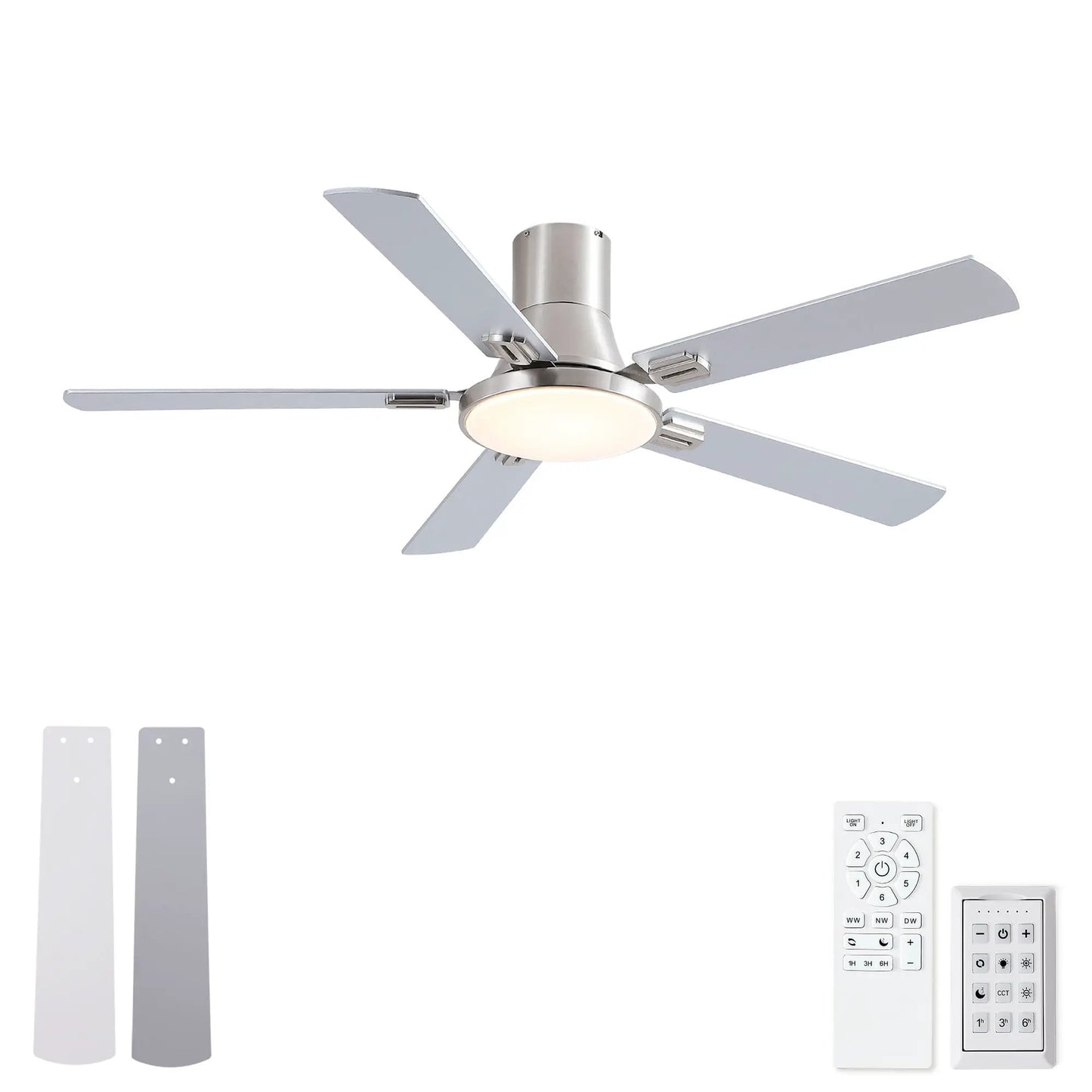 Flush mount ceiling fan with LED light and remote, brushed nickel, 5 blades on Tampa Home & Garden Store