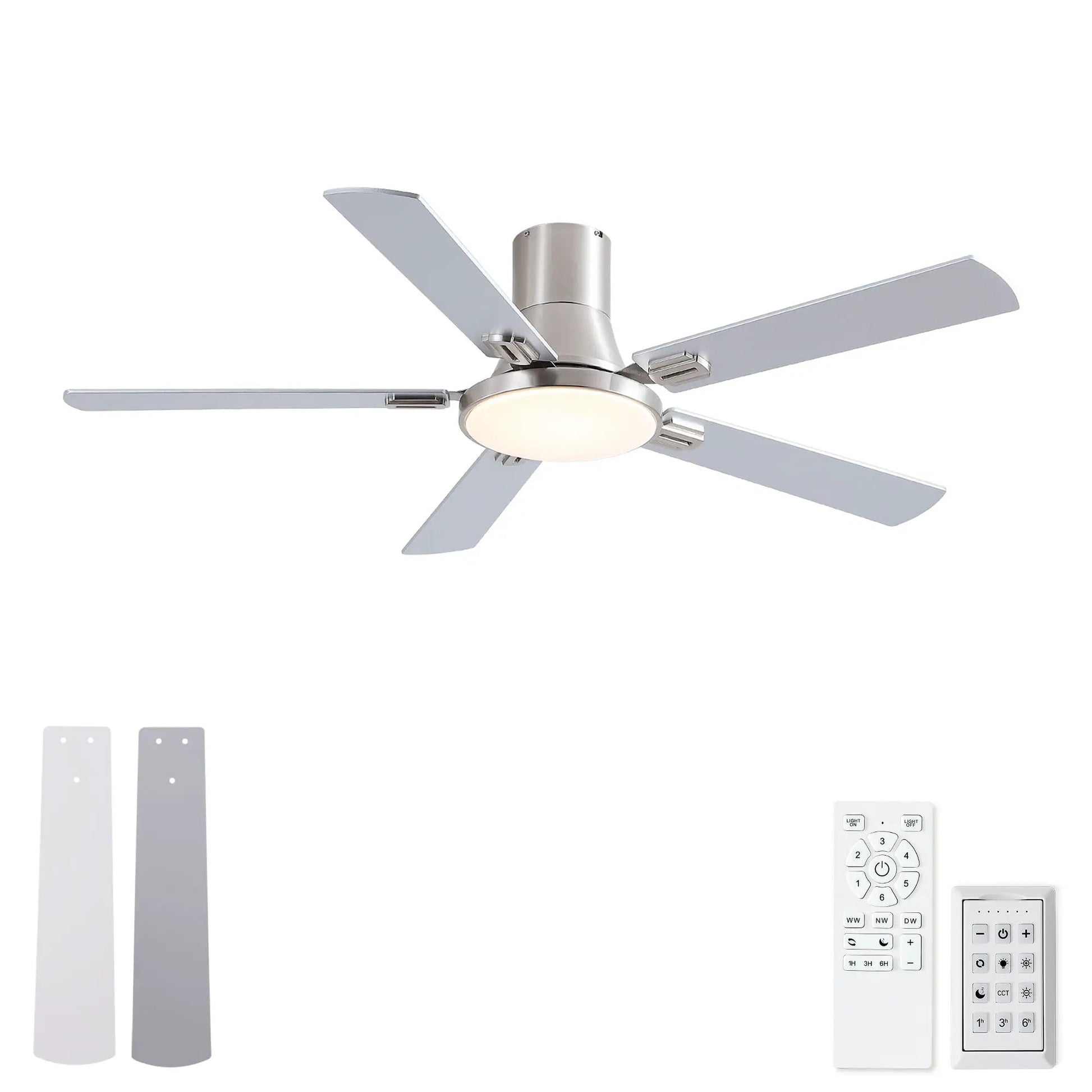 Flush mount ceiling fan with LED light and remote, brushed nickel, 5 blades on Tampa Home & Garden Store