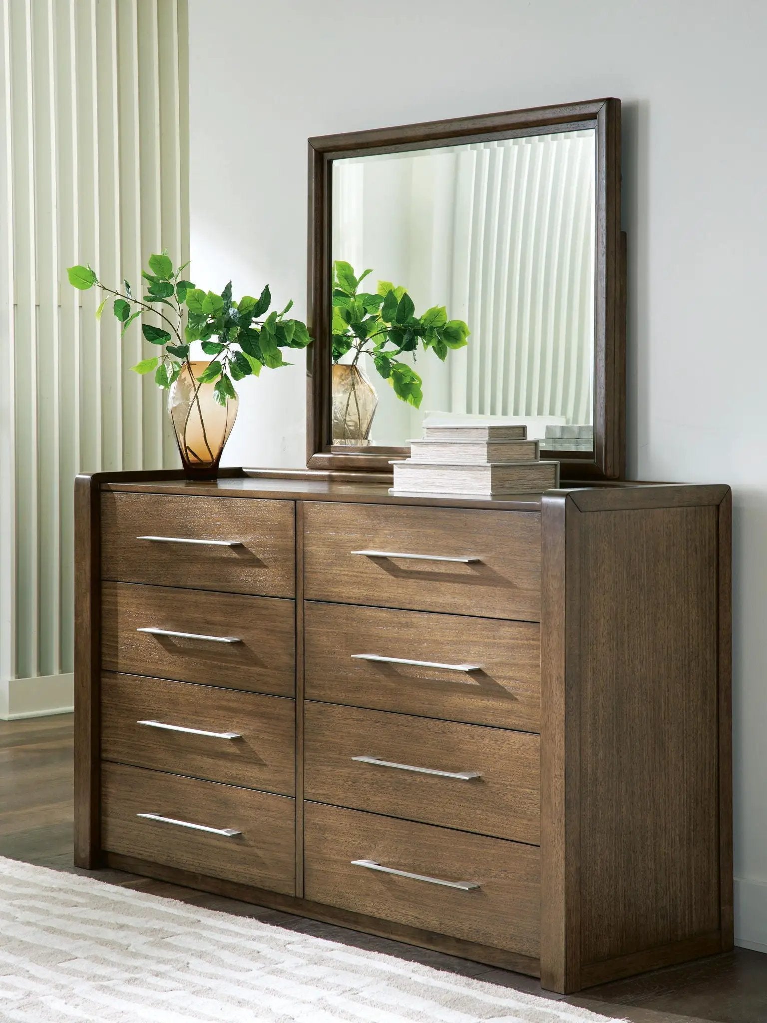 Marxmore dresser in dark walnut by Unique Piece Furniture with a wood frame mirror and six drawers on Tampa Home & Garden Store