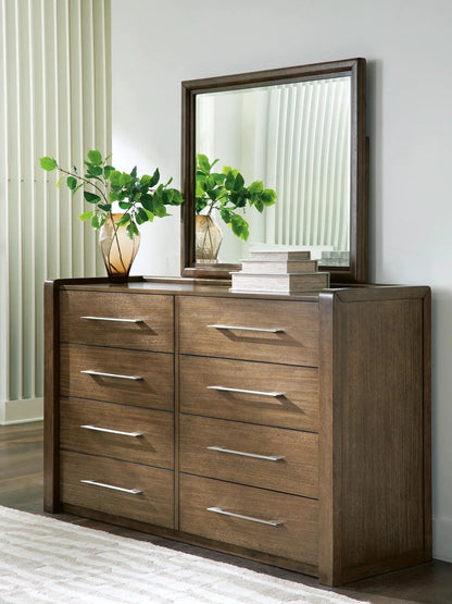 Marxmore dresser in dark walnut by Unique Piece Furniture with a wood frame mirror and six drawers on Tampa Home & Garden Store