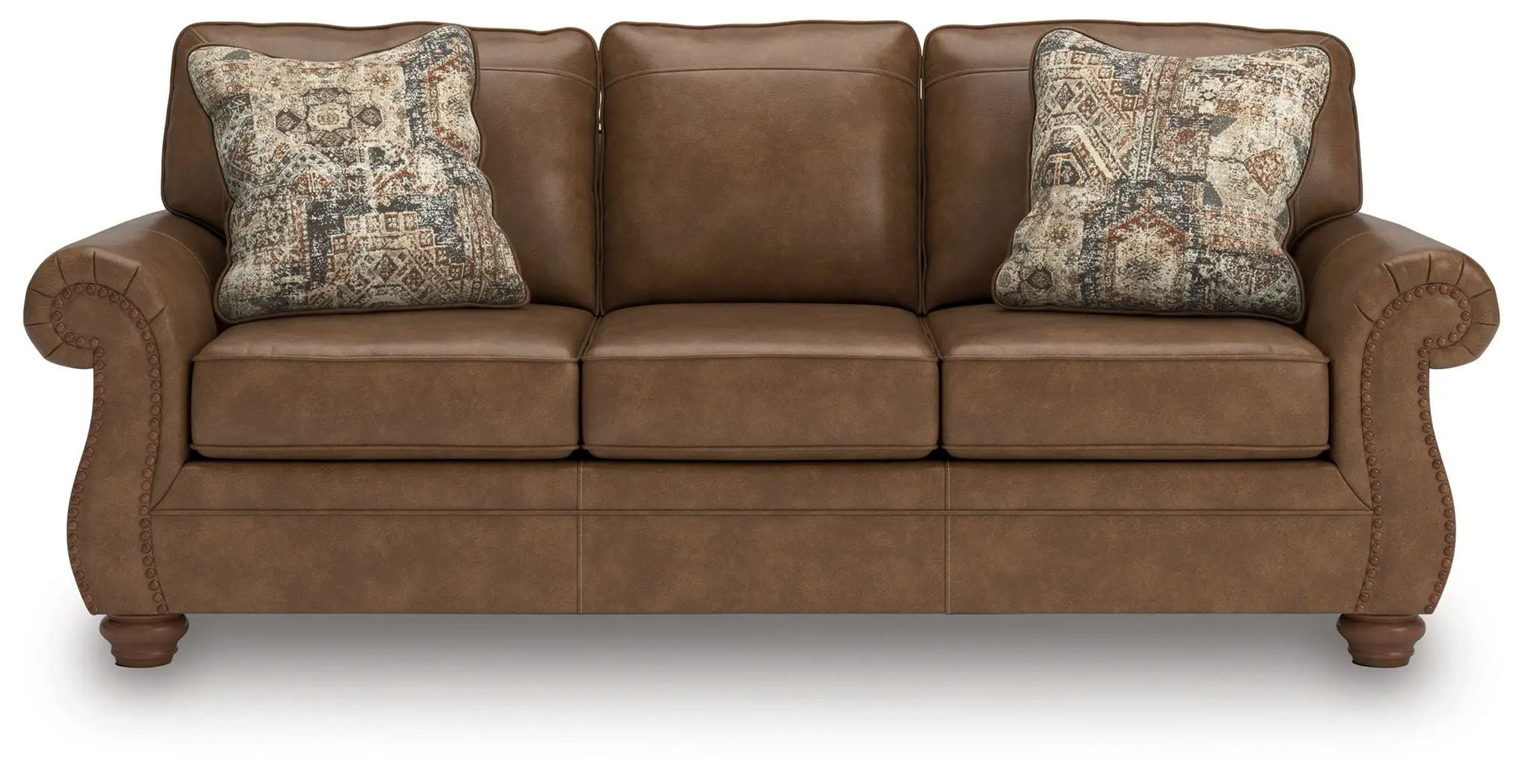 Chasemore Sofa brown leather stationary sofa with 2 decorative patterned pillows Unique Piece Furniture on Tampa Home & Garden Store