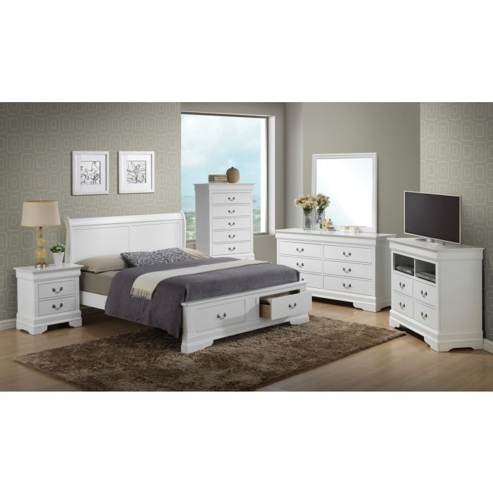 Upholstered panel sleigh bed with footboard storage drawers in white finish on Tampa Home & Garden Store