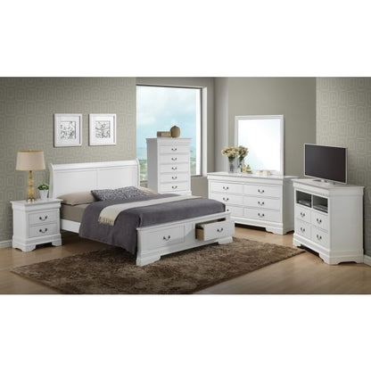 Upholstered panel sleigh bed with footboard storage drawers in white finish on Tampa Home & Garden Store