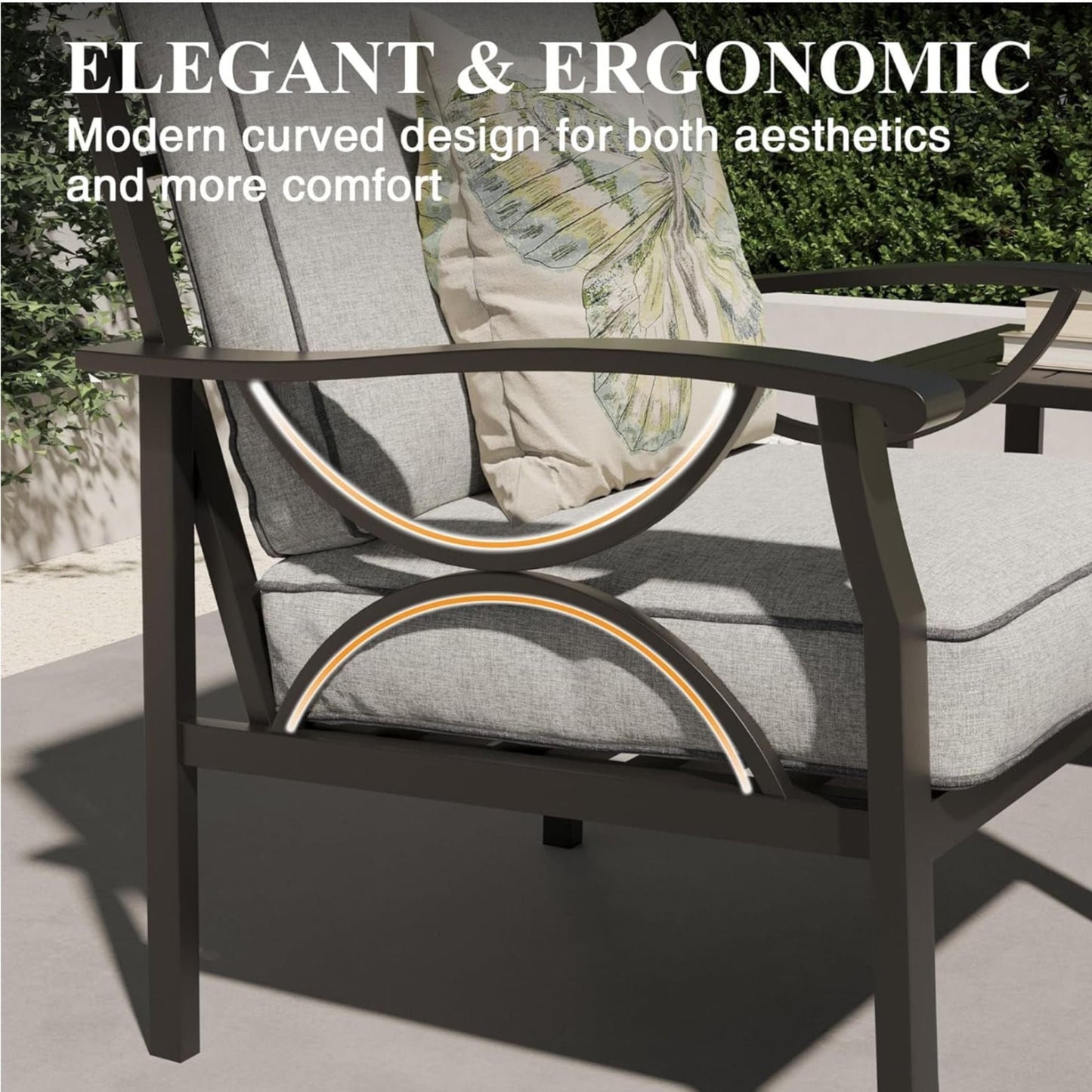 All-Weather Armchairs with Cushions Set2 with dark metal frames and gray cushions outdoor chairs on Tampa Home & Garden Store