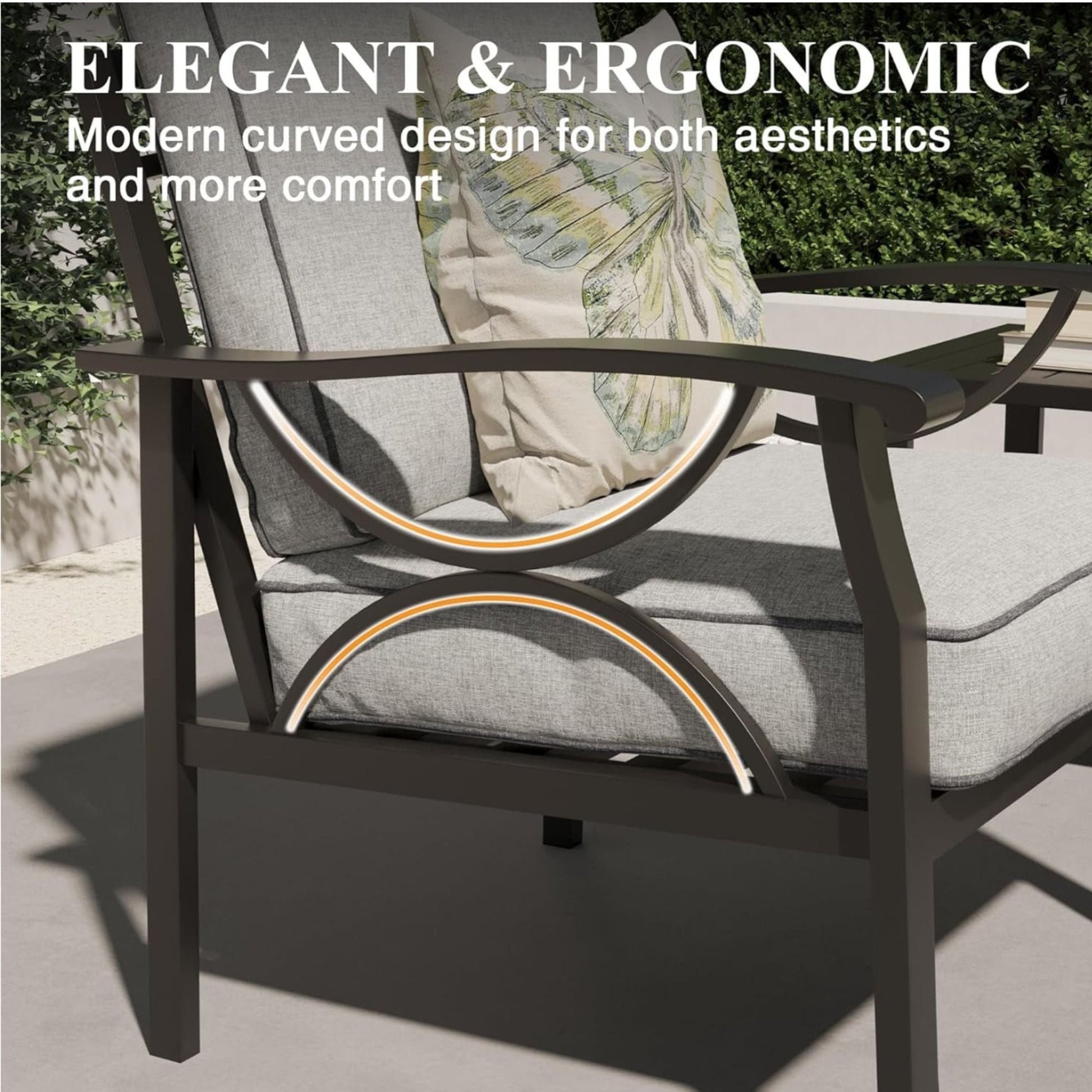 All-Weather Armchairs with Cushions Set2 with dark metal frames and gray cushions outdoor chairs on Tampa Home & Garden Store