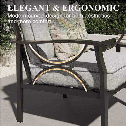All-Weather Armchairs with Cushions Set2 with dark metal frames and gray cushions outdoor chairs on Tampa Home & Garden Store