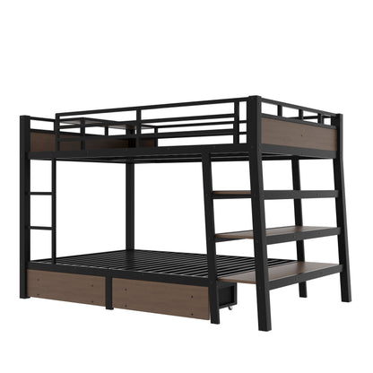 Full-size black metal bunk bed frame with two levels and wood-toned drawer fronts on Tampa Home & Garden Store