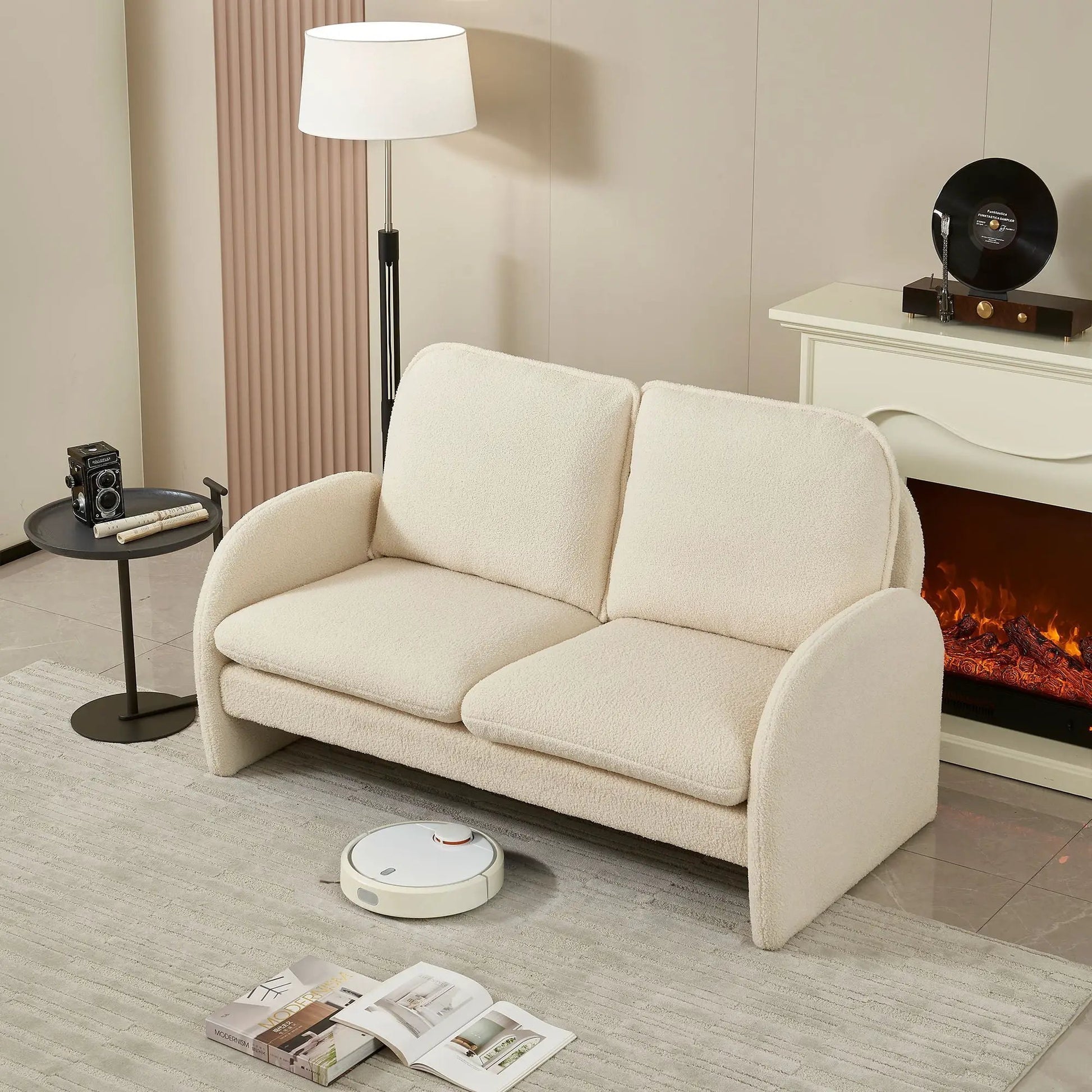 Loveseat sofa two-seat cream sherpa fabric upholstery by Unique Piece Furniture in a living room on Tampa Home & Garden Store
