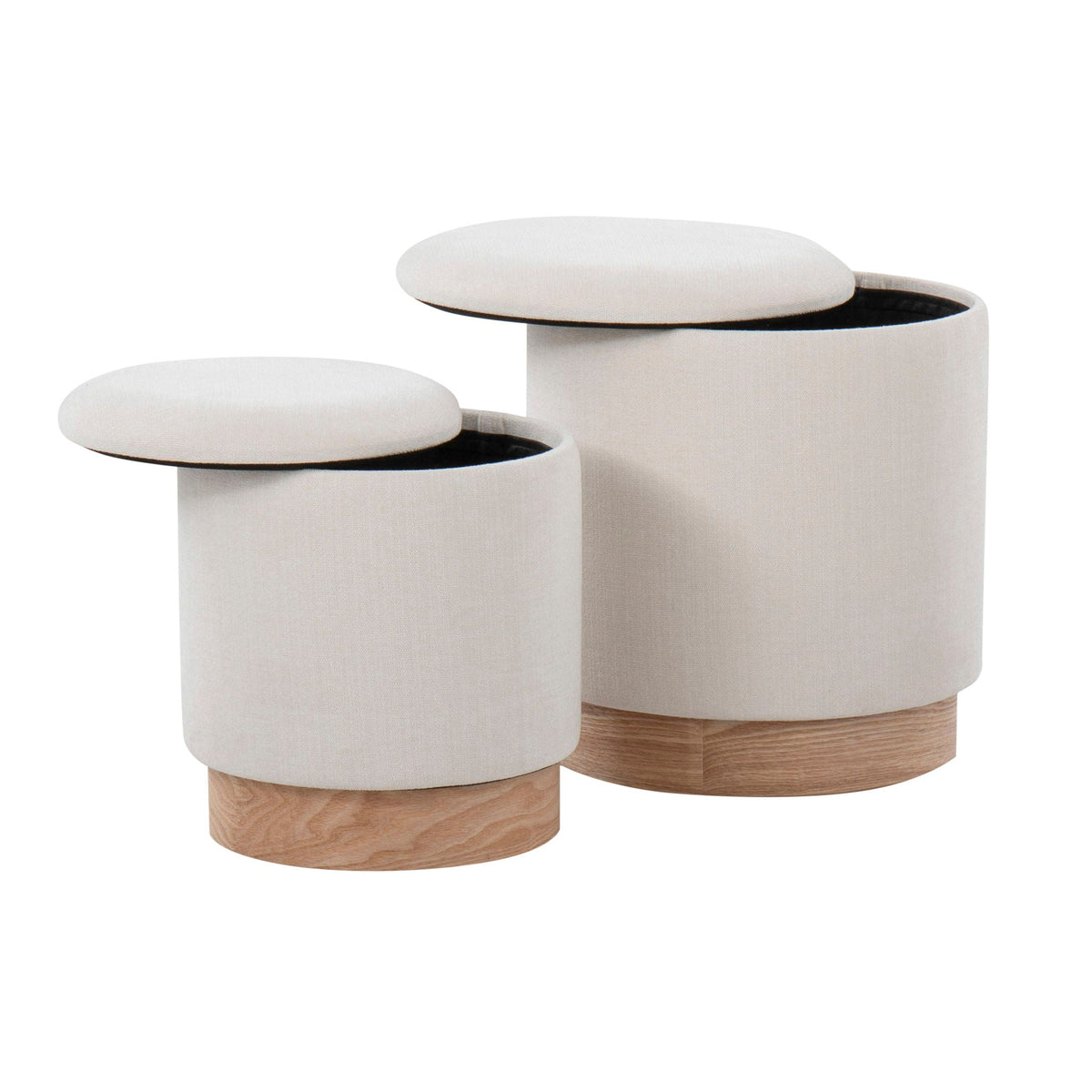 Contemporary nesting ottoman set 3-piece with cushioned tops in beige fabric with wood bases on Tampa Home & Garden Store