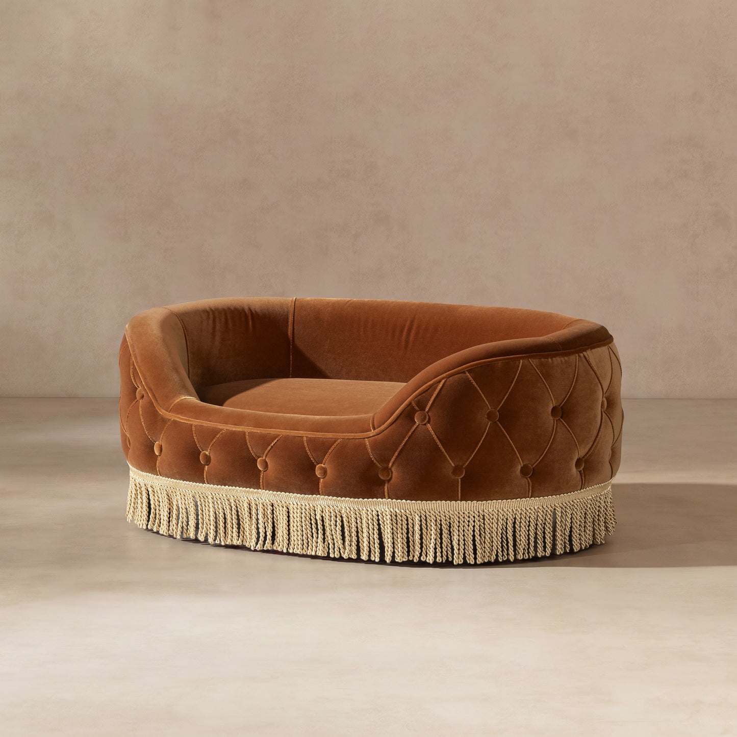 Monroe 33in Dog Sofa Bed in burnt brown velvet with tufted diamonds and fringe on Tampa Home & Garden Store