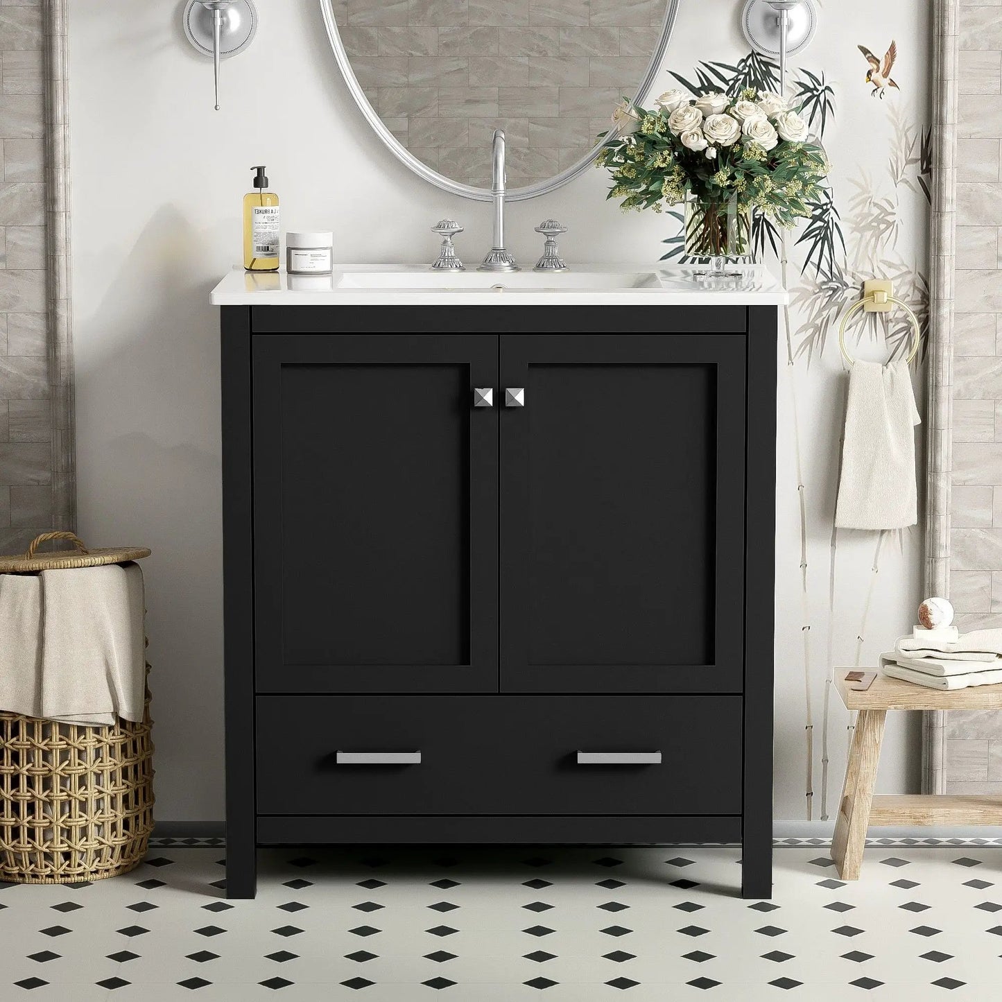 Bathroom vanity with undermount sink, black cabinet, white countertop, 2 doors and drawer on Tampa Home & Garden Store
