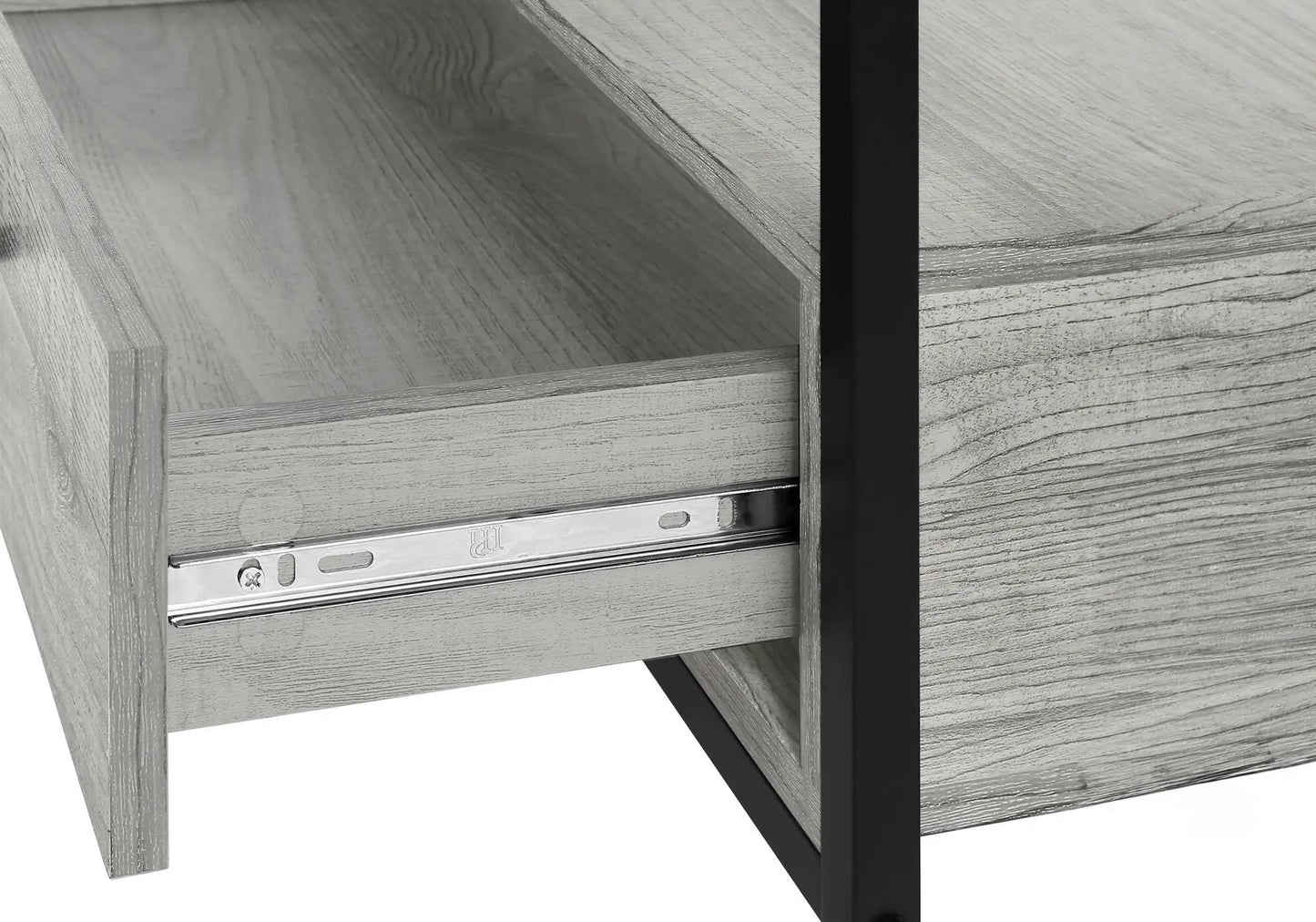 TV stand with light gray woodgrain finish, storage drawers, metal drawer rails, black frame on Tampa Home & Garden Store