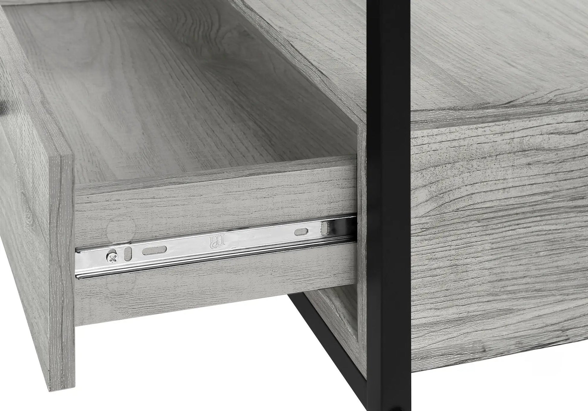 TV stand with light gray woodgrain finish, storage drawers, metal drawer rails, black frame on Tampa Home & Garden Store
