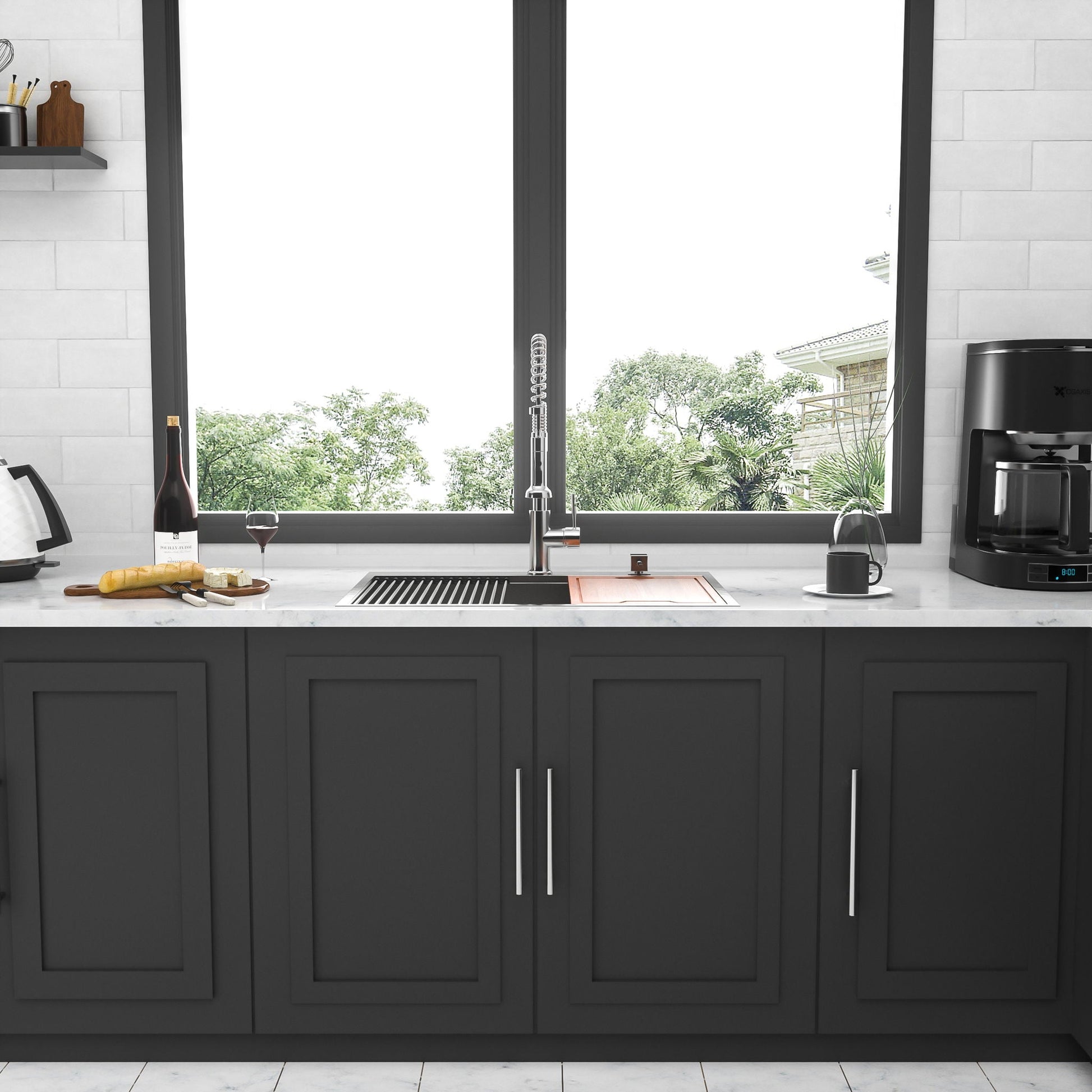 HouseOfZazla Drop-in Kitchen Sink 16 Gauge stainless steel with modern faucet in gray cabinets on Tampa Home & Garden Store