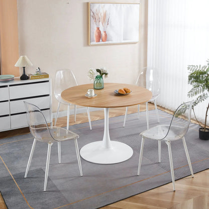 Mid-Century Tulip Round Dining Table with wood top and white pedestal base, 4 clear acrylic chairs on Tampa Home & Garden Store