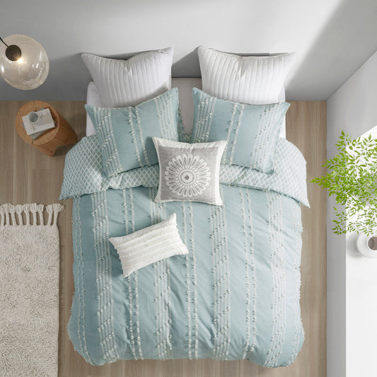Duvet cover set Full/Queen by HouseOfZazla in aqua ivory cotton jacquard with reversible design on Tampa Home & Garden Store