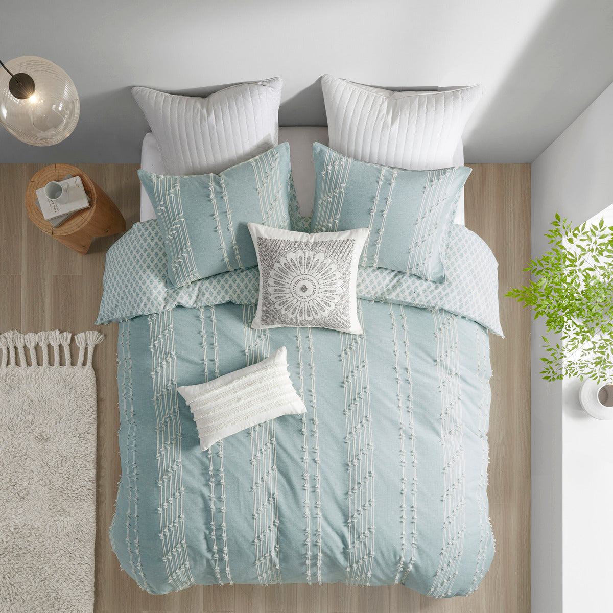 Jacquard cotton duvet cover aqua ivory with reversible design and shams by HouseOfZazla on Tampa Home & Garden Store