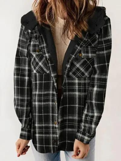 Plaid Snap Down Plush Hooded Jacket Women Warm