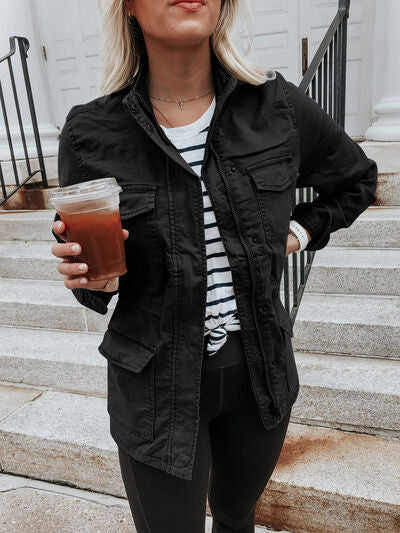 Retro pocketed long sleeve zip-up jacket by Stevvex, black lightweight outerwear on Tampa Home & Garden Store