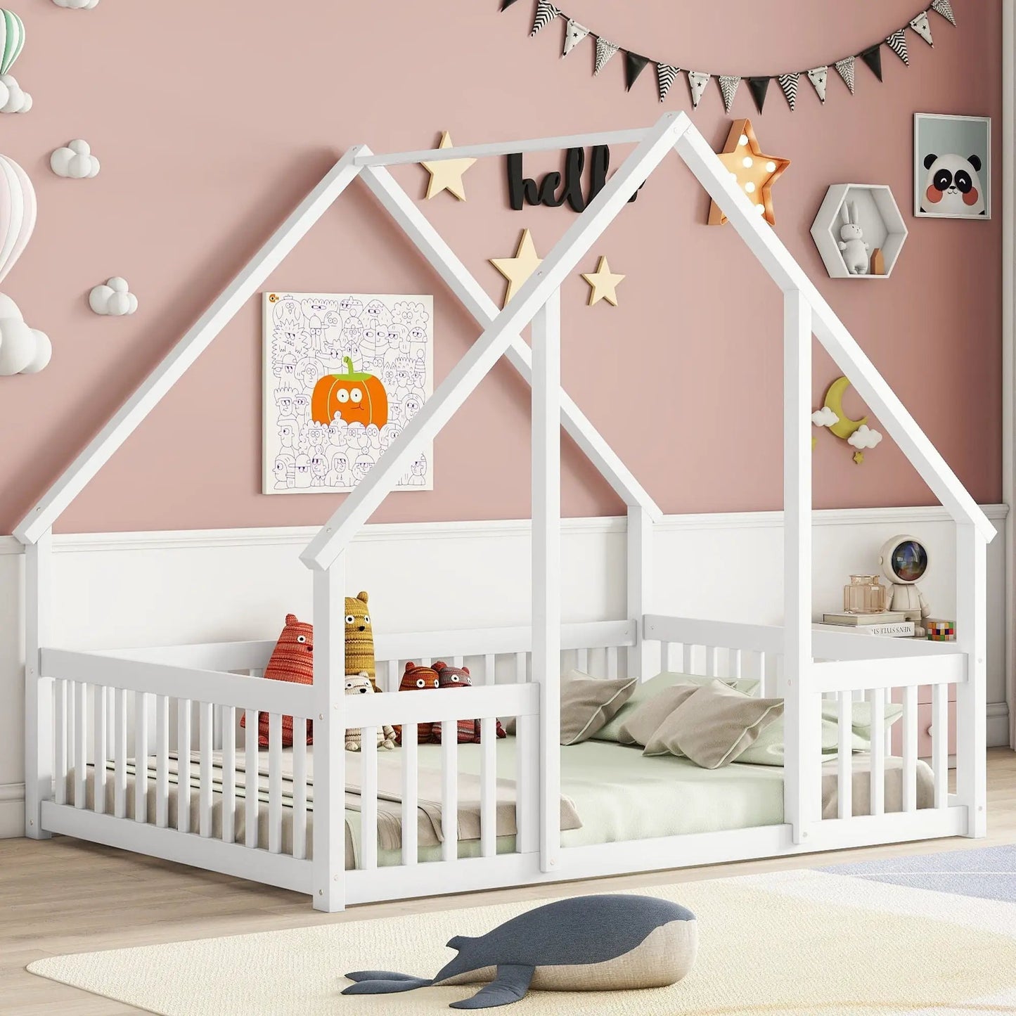 Wood house-shaped floor bed with fence guardrails, white frame by Unique Piece Furniture on Tampa Home & Garden Store