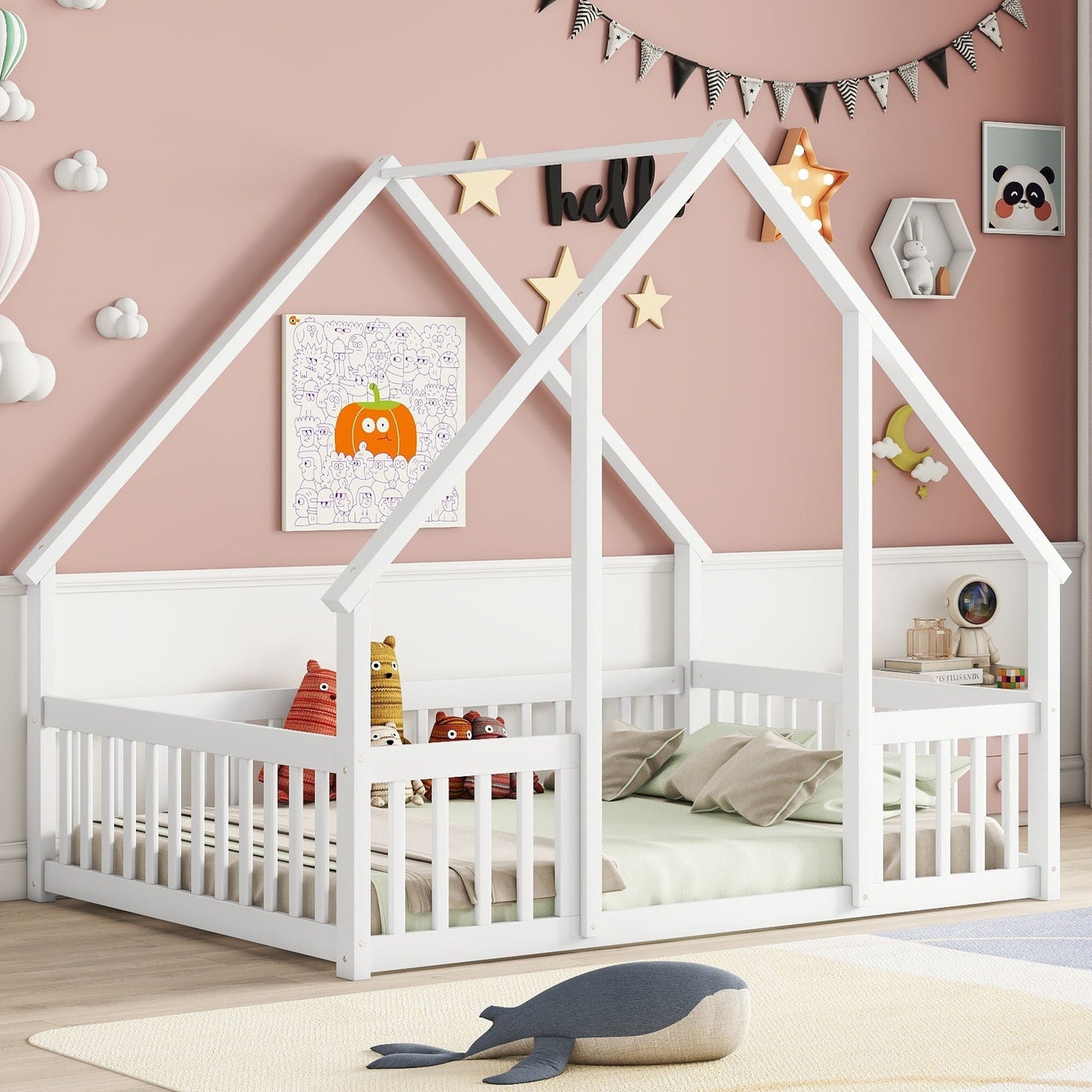 A Wood House Floor Bed with Guardrail Fence