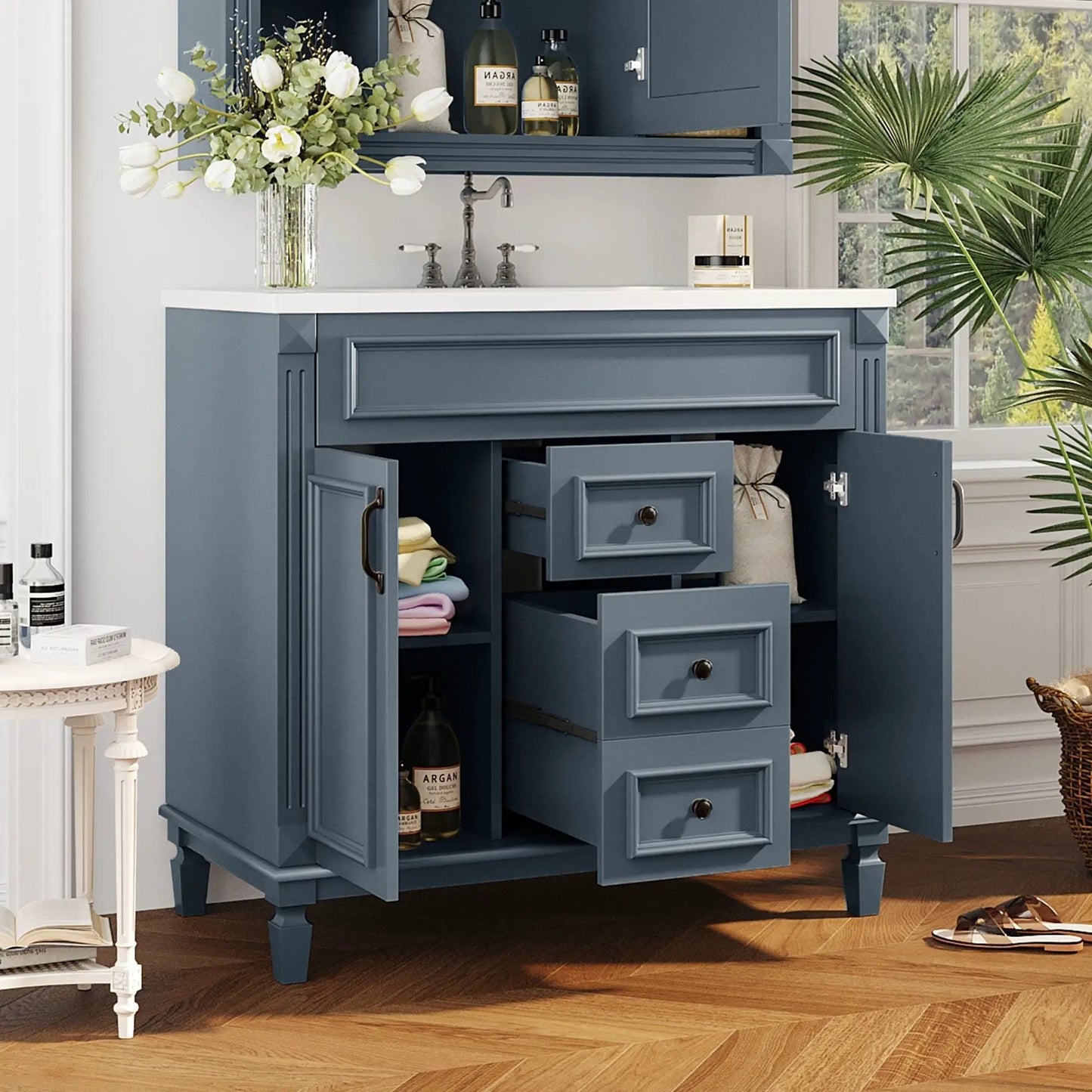 36 Inch Blue Vanity With Top Sink and Drawers