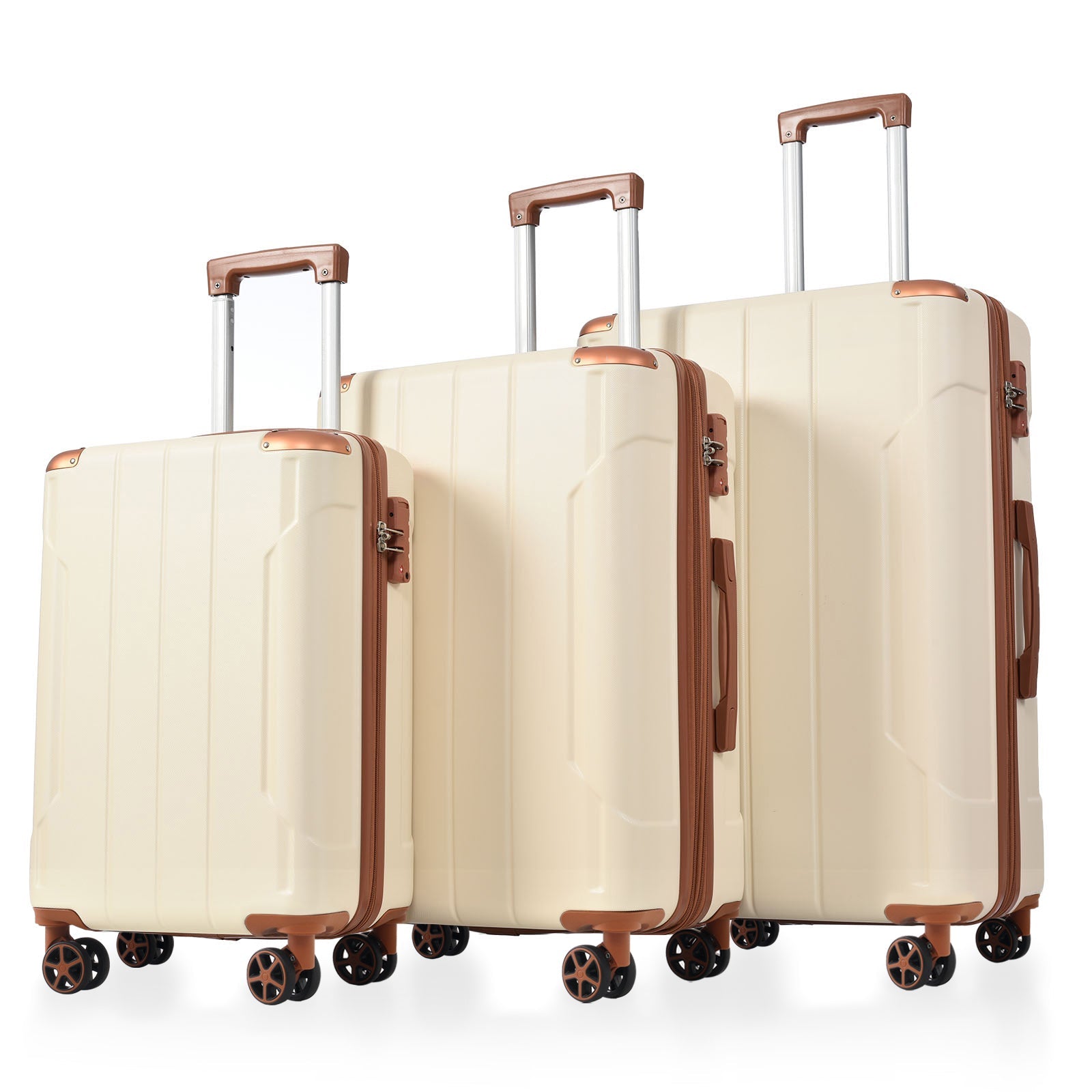 3-piece expandable hard shell luggage set with TSA locks in cream and brown trim, 3 sizes on Tampa Home & Garden Store