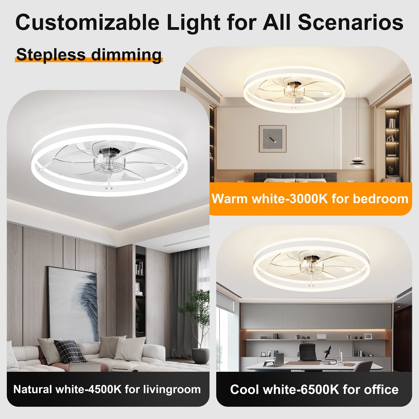23.6-inch ceiling fan with light by HouseOfZazla, white circular LED rings, dimmable 3-color LED on Tampa Home & Garden Store