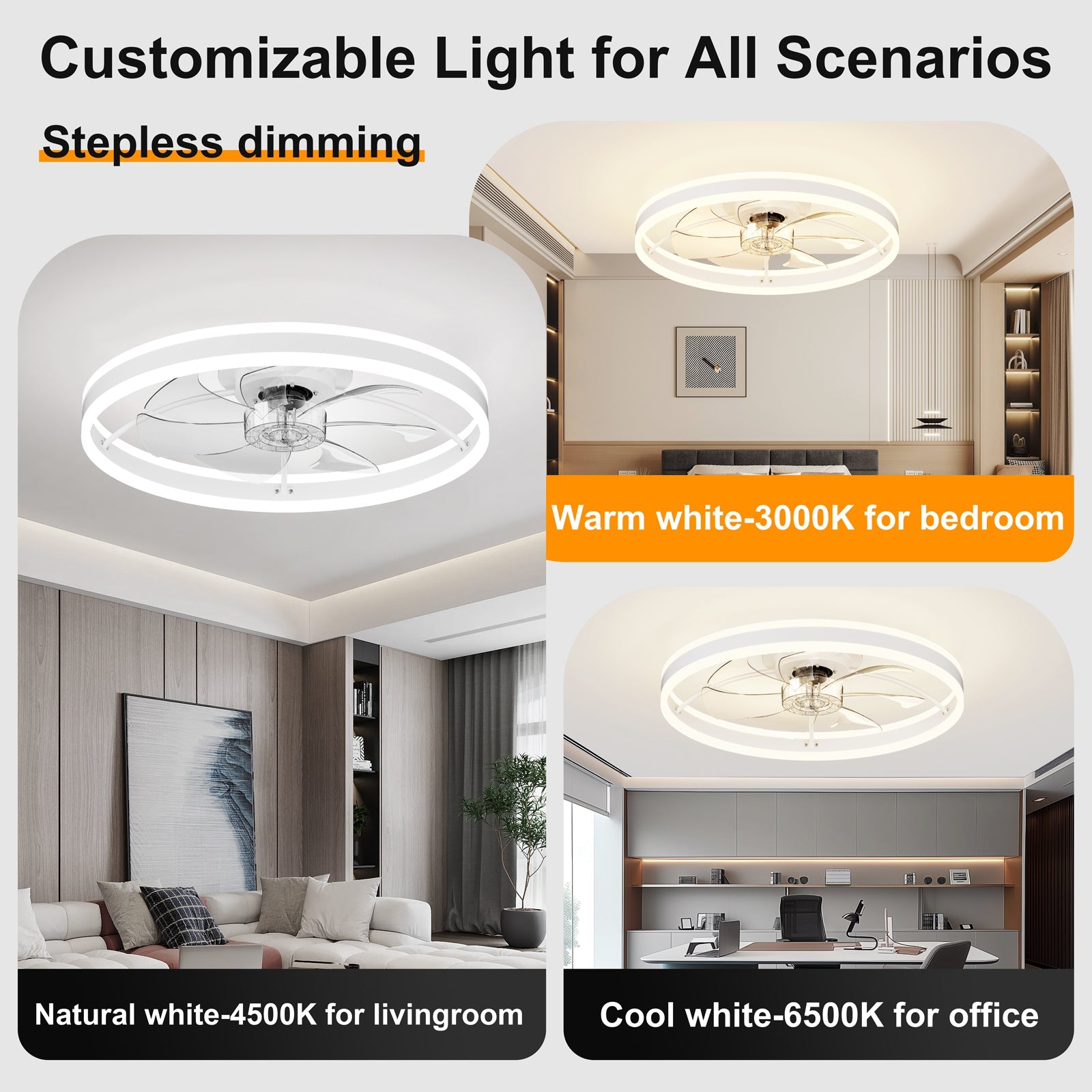 23.6-inch ceiling fan with light by HouseOfZazla, white circular LED rings, dimmable 3-color LED on Tampa Home & Garden Store