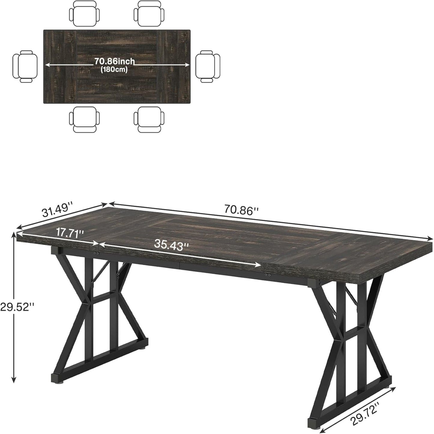 Rectangular dining table with X trestle metal legs, dark wood top, HouseOfZazla on Tampa Home & Garden Store