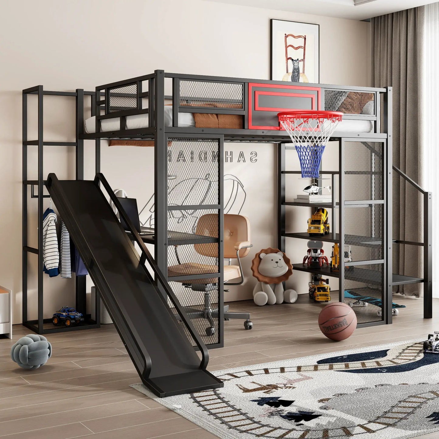 Loft bed with built-in desk, slide and basketball hoop in black metal frame on Tampa Home & Garden Store