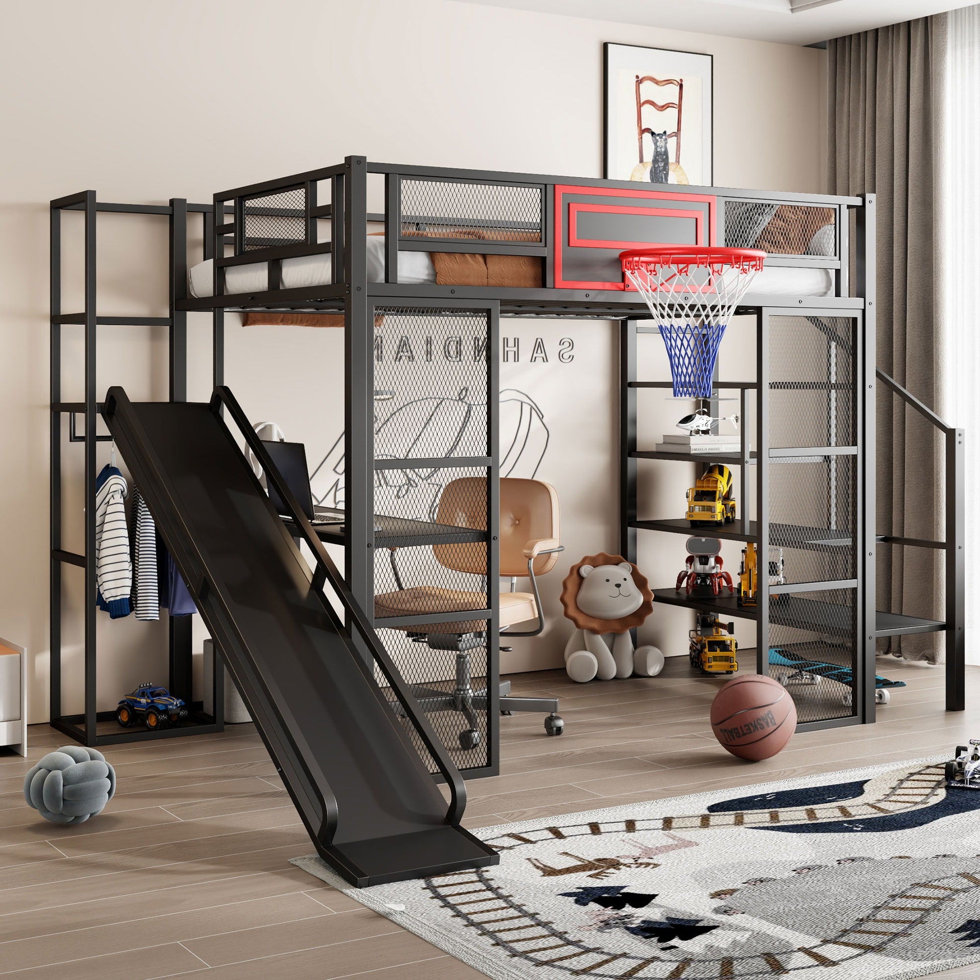 Loft bed with built-in desk, wardrobe, basketball hoop and slide in black metal HouseOfZazla on Tampa Home & Garden Store