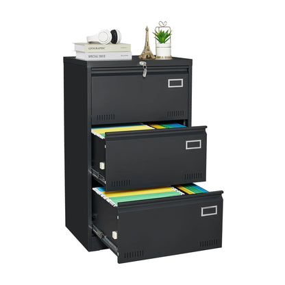 Filing cabinet black metal with 3 locking drawers; top holds books, bottom drawer shows folders on Tampa Home & Garden Store