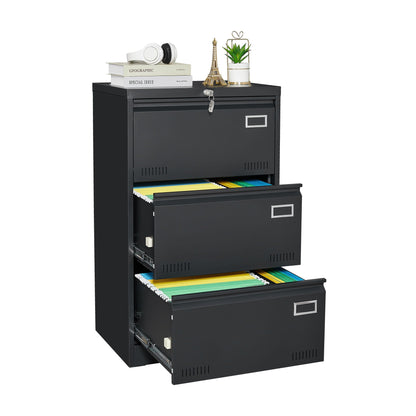 Locking metal filing cabinet 3-drawer black with lock; top drawer shows files HouseOfZazla on Tampa Home & Garden Store