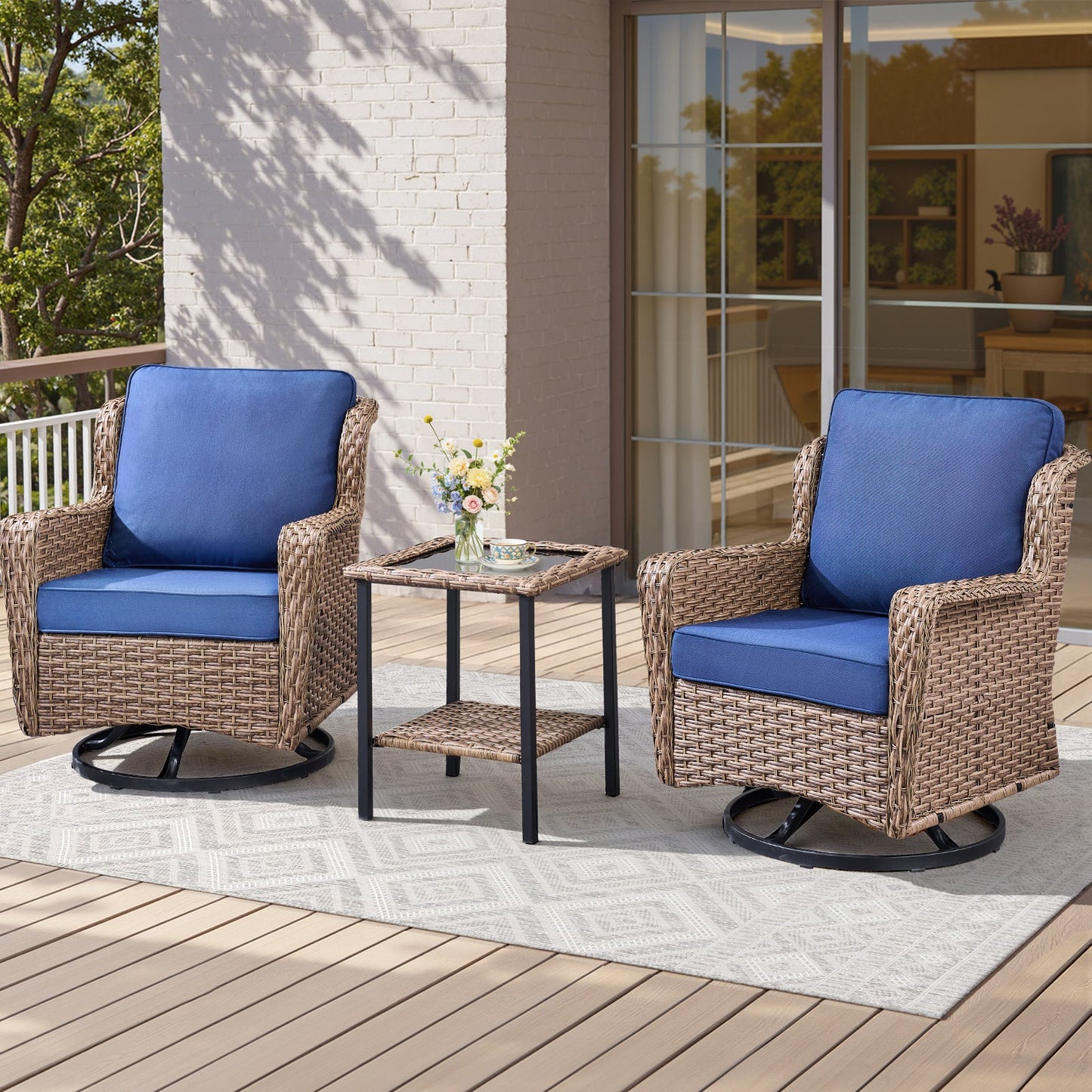 2-Person Outdoor Wicker Swivel Rocker Seating Group blue cushions by HouseOfZazla on patio on Tampa Home & Garden Store
