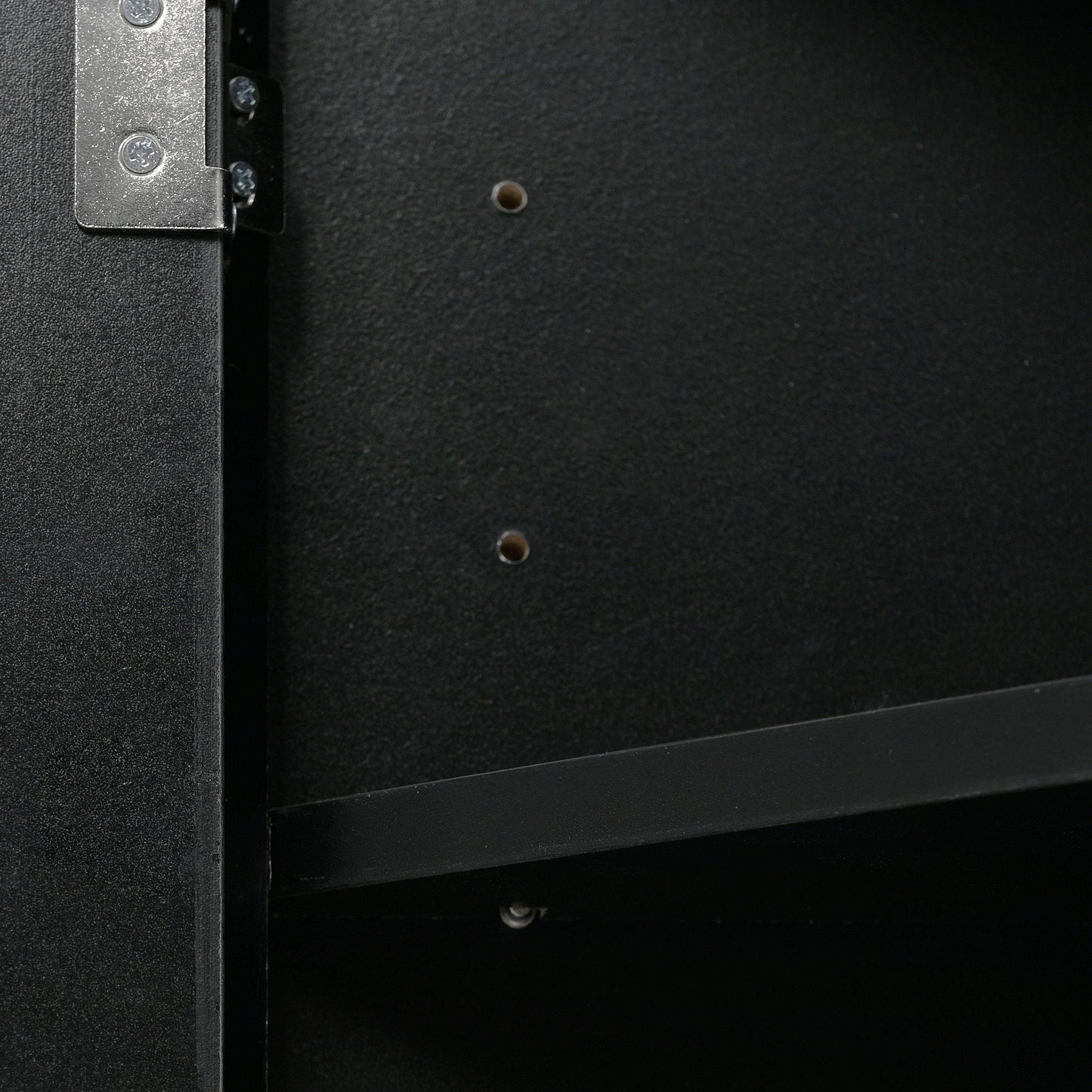 Triangle bathroom storage cabinet interior with metal hinge and adjustable shelves on Tampa Home & Garden Store