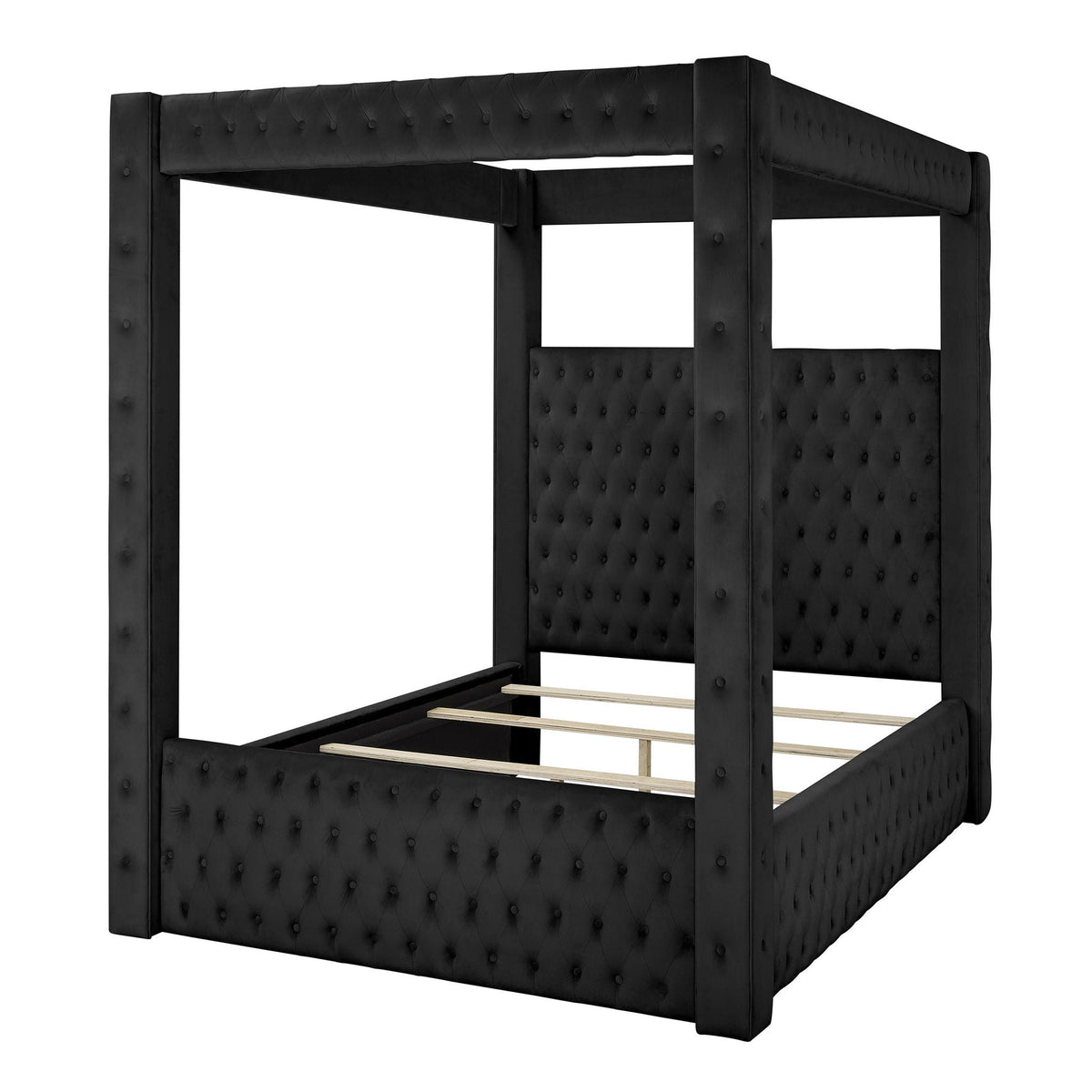 Modern 4-poster bed with tufted headboard and footboard, black upholstery, HouseOfZazla on Tampa Home & Garden Store