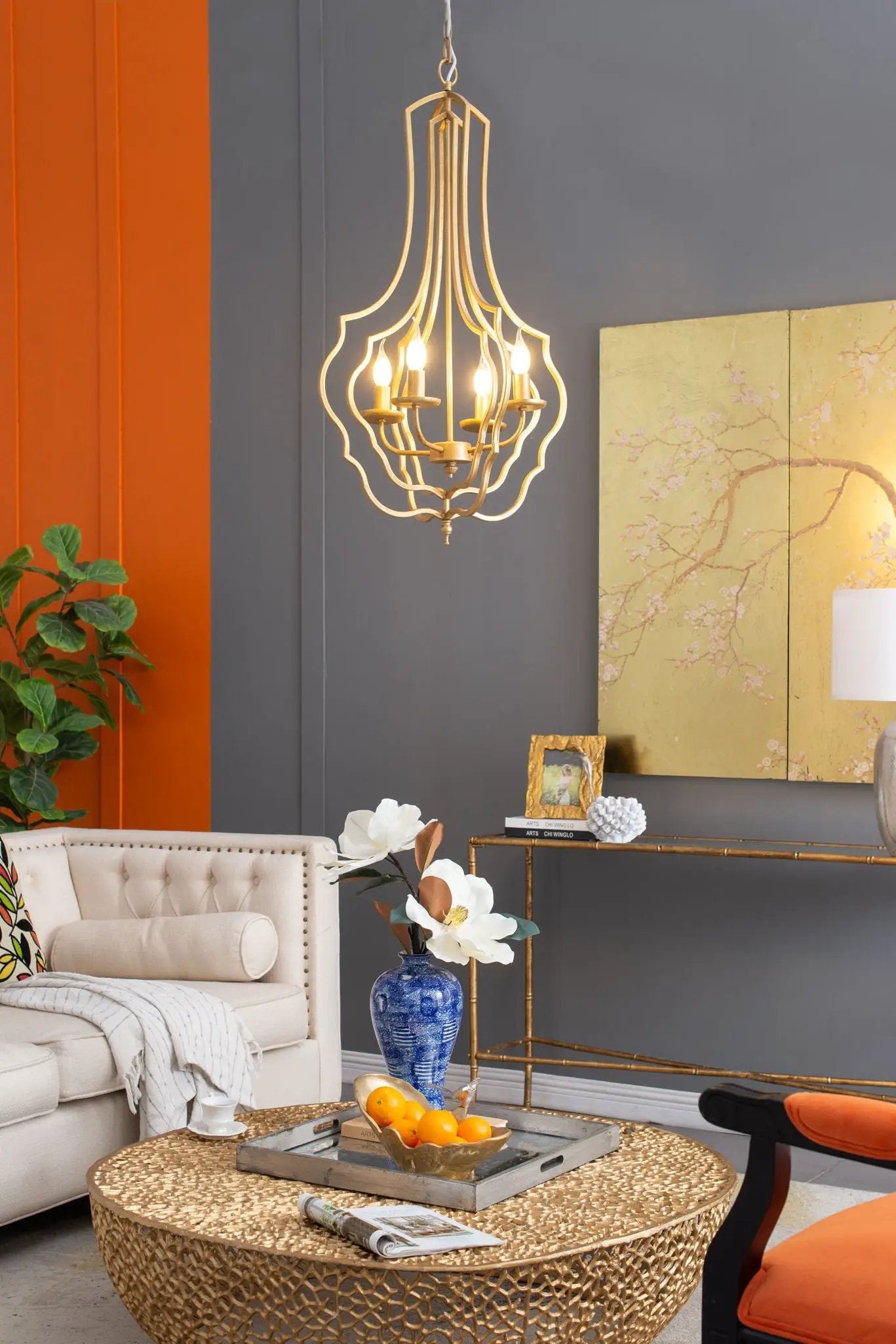 4 Light Chandelier gold metal frame adjustable chain bulbs not included Unique Piece Furniture on Tampa Home & Garden Store