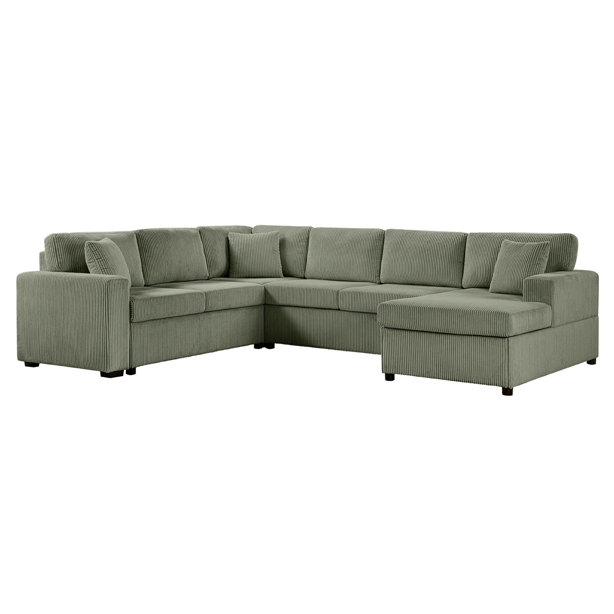 Oversized U-shaped sofa with chaise in sage green corduroy by HouseOfZazla with 3 pillows on Tampa Home & Garden Store