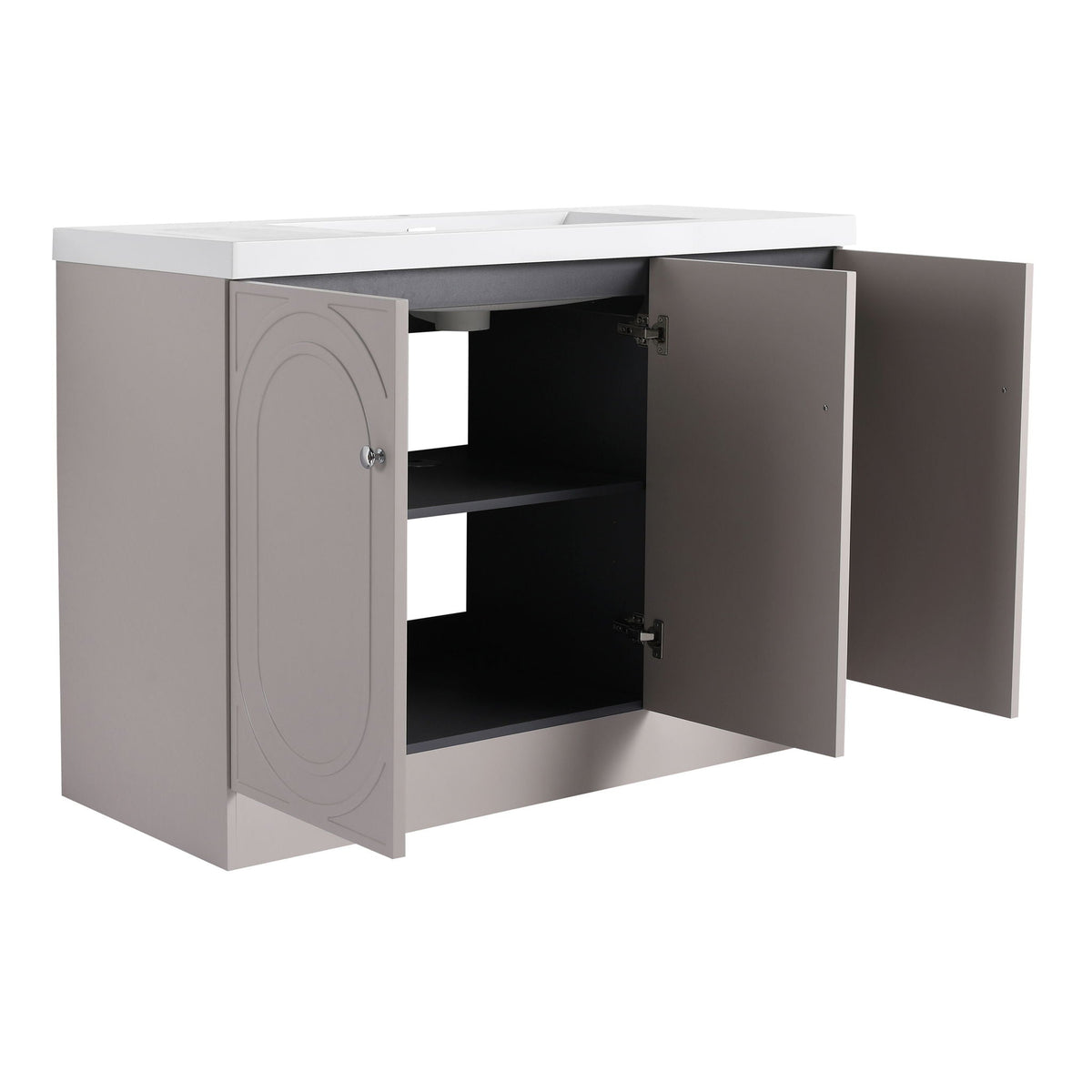 Freestanding bath vanity with resin sink, gray cabinet, white countertop, doors open to storage on Tampa Home & Garden Store